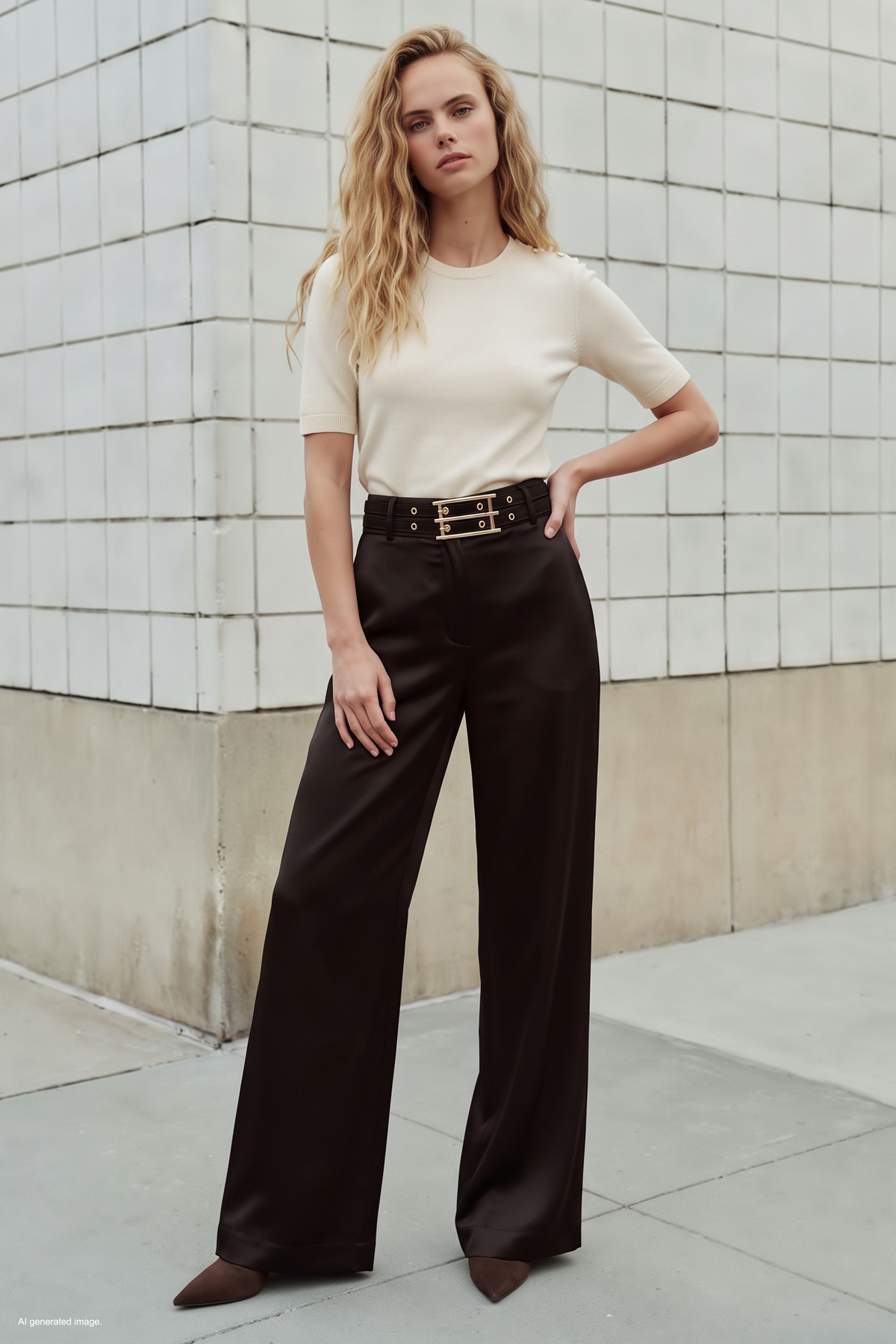 Belt-Detail Satin Trousers - Brown