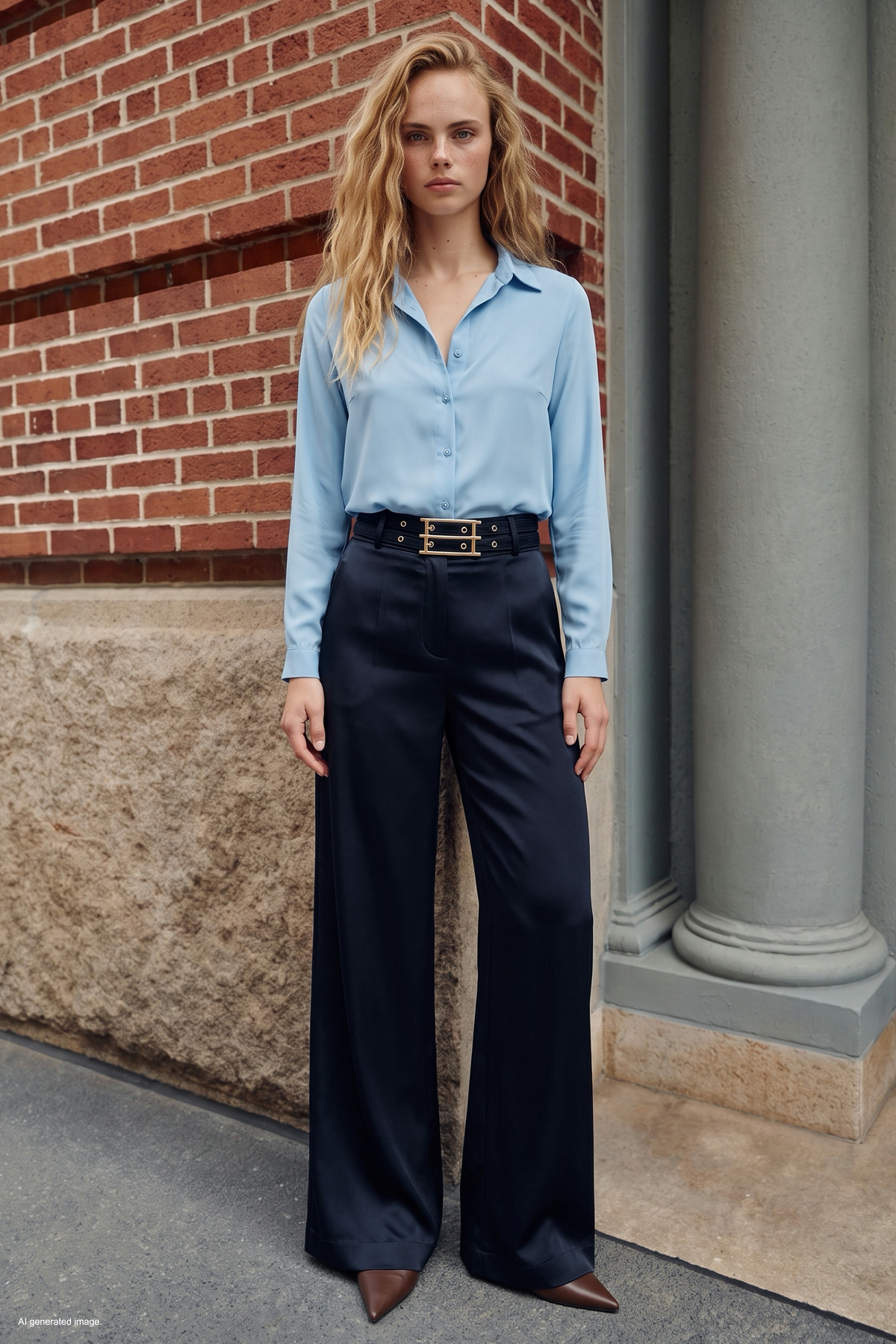 Belt-Detail Satin Trousers - Blue