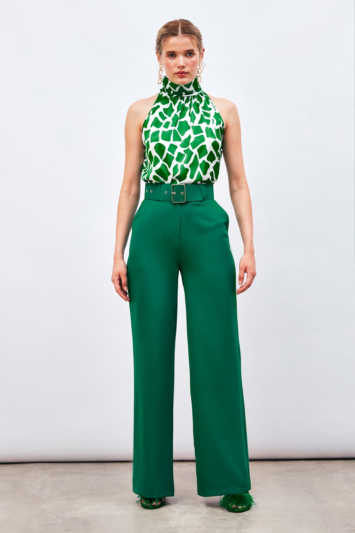 Kemerli Bol Paça Pantolon - YEŞİL