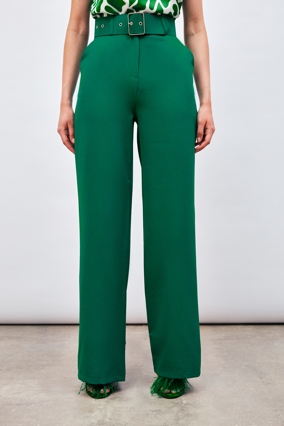 Kemerli Bol Paça Pantolon - YEŞİL