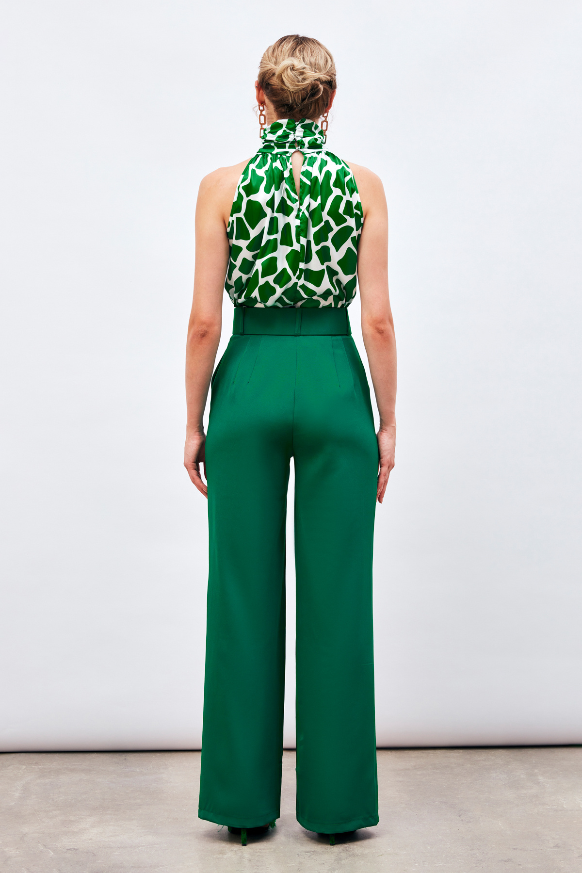 Kemerli Bol Paça Pantolon - YEŞİL