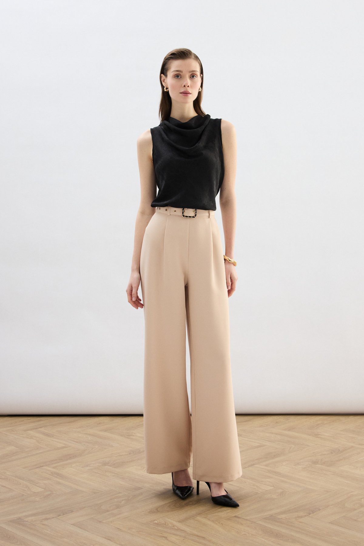 Kemerli Bol Pantolon - Bej