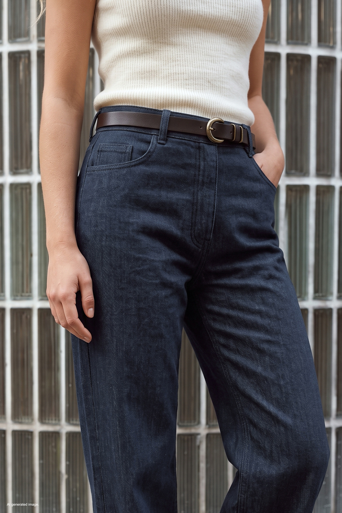 Belted Denim-Look Trousers - Blue