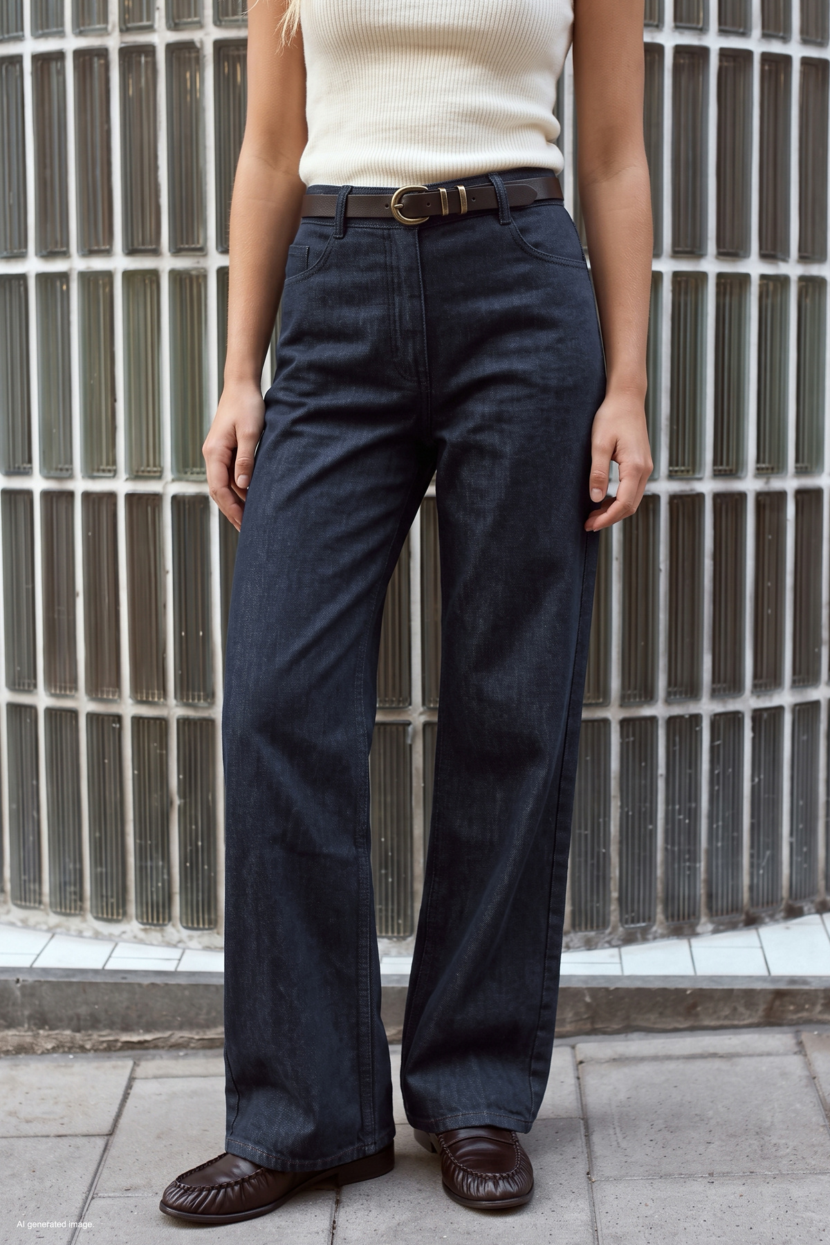 Belted Denim-Look Trousers - Blue