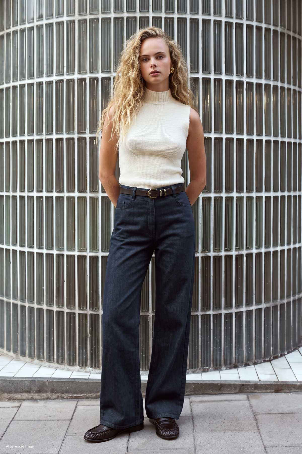 Belted Denim-Look Trousers - Blue
