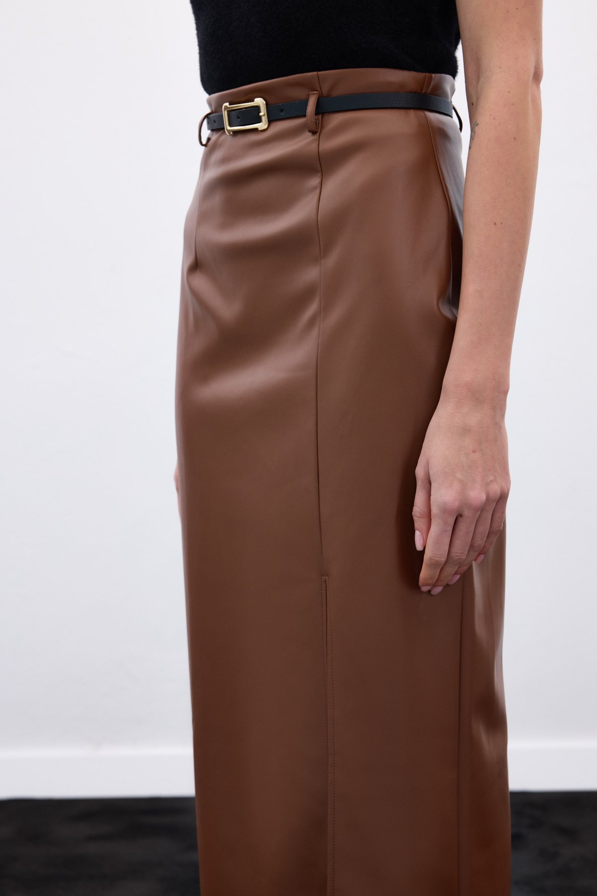 Kemerli Deri Etek - Kahve