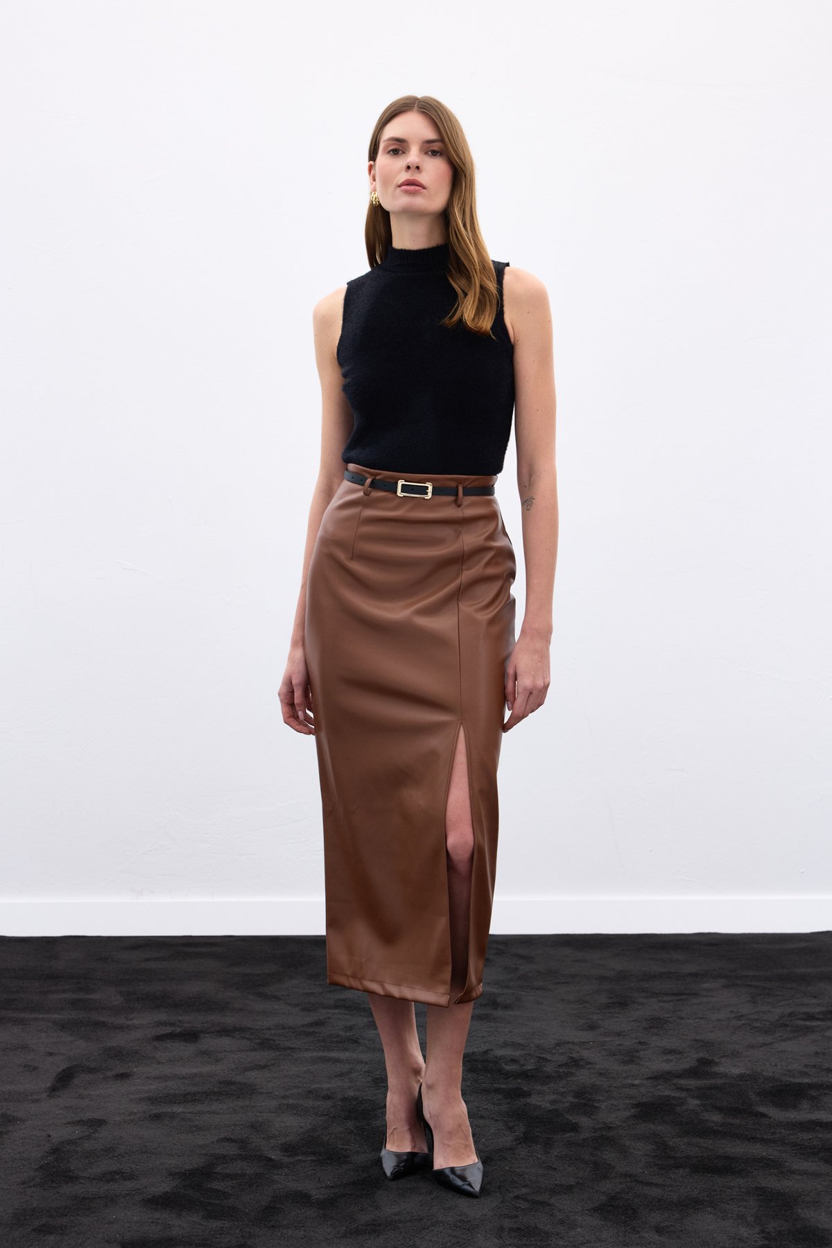 Kemerli Deri Etek - Kahve