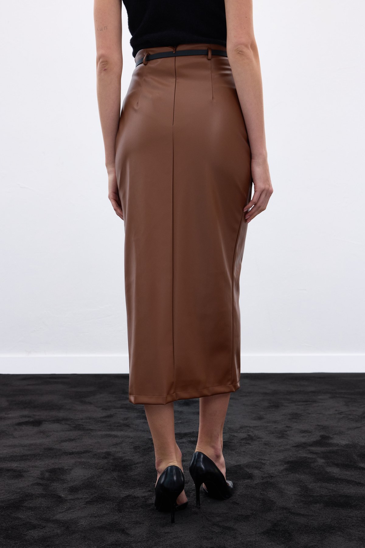 Kemerli Deri Etek - Kahve