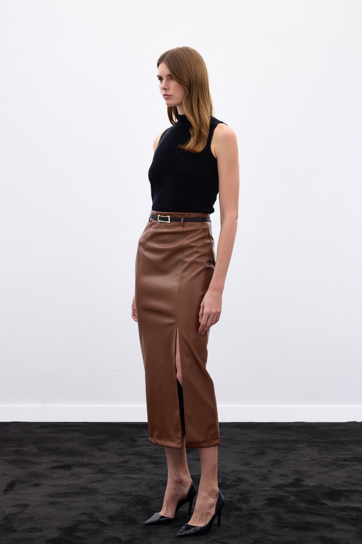 Kemerli Deri Etek - Kahve