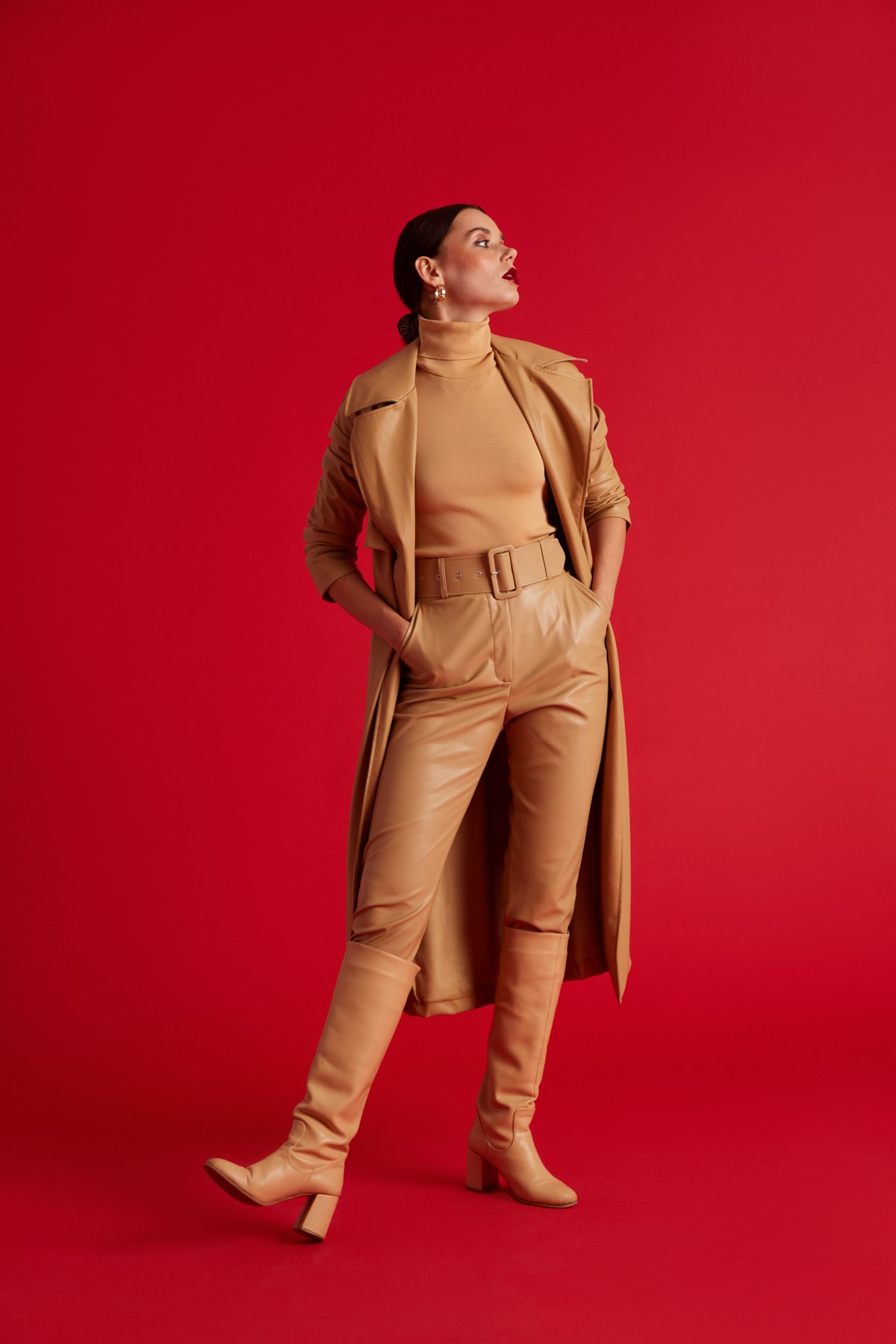 Kemerli deri pantolon - BEJ