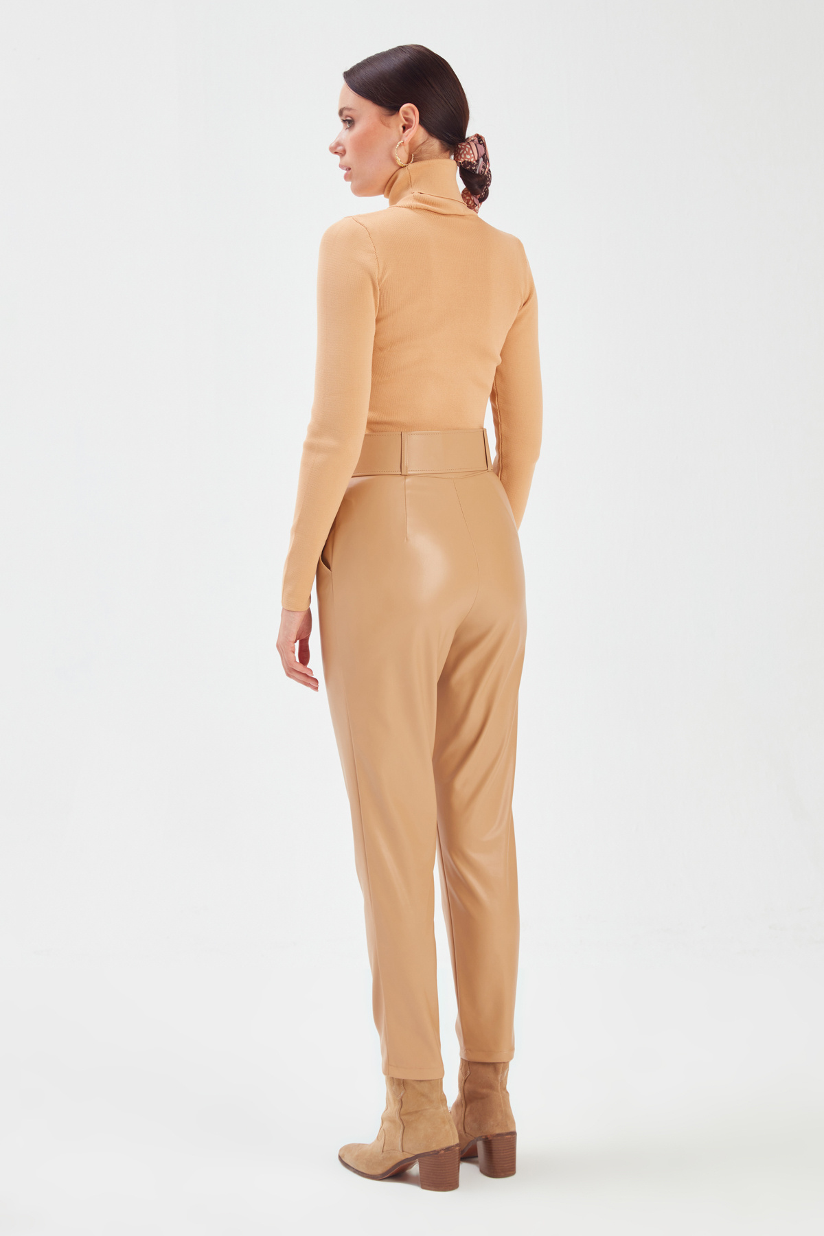 Kemerli deri pantolon - BEJ
