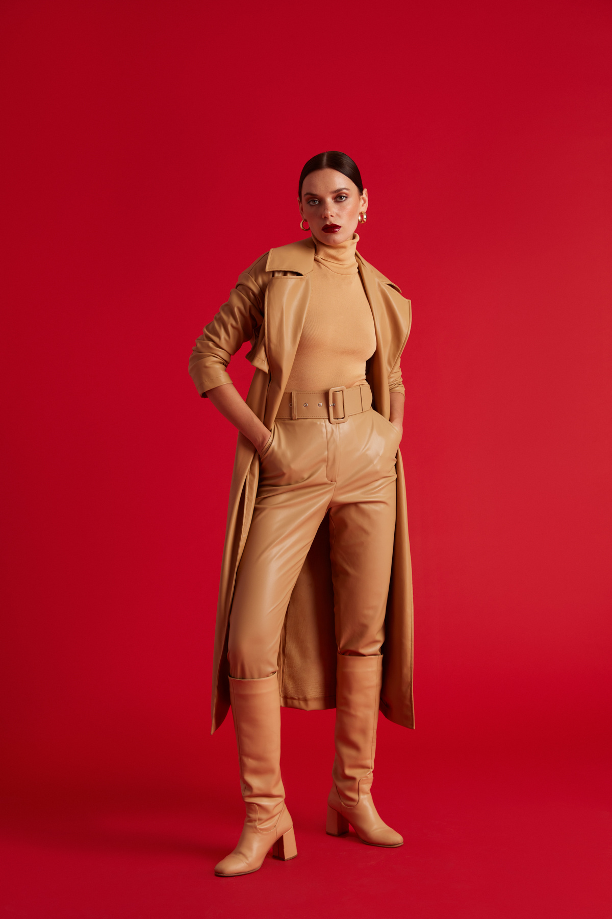 Kemerli deri pantolon - BEJ