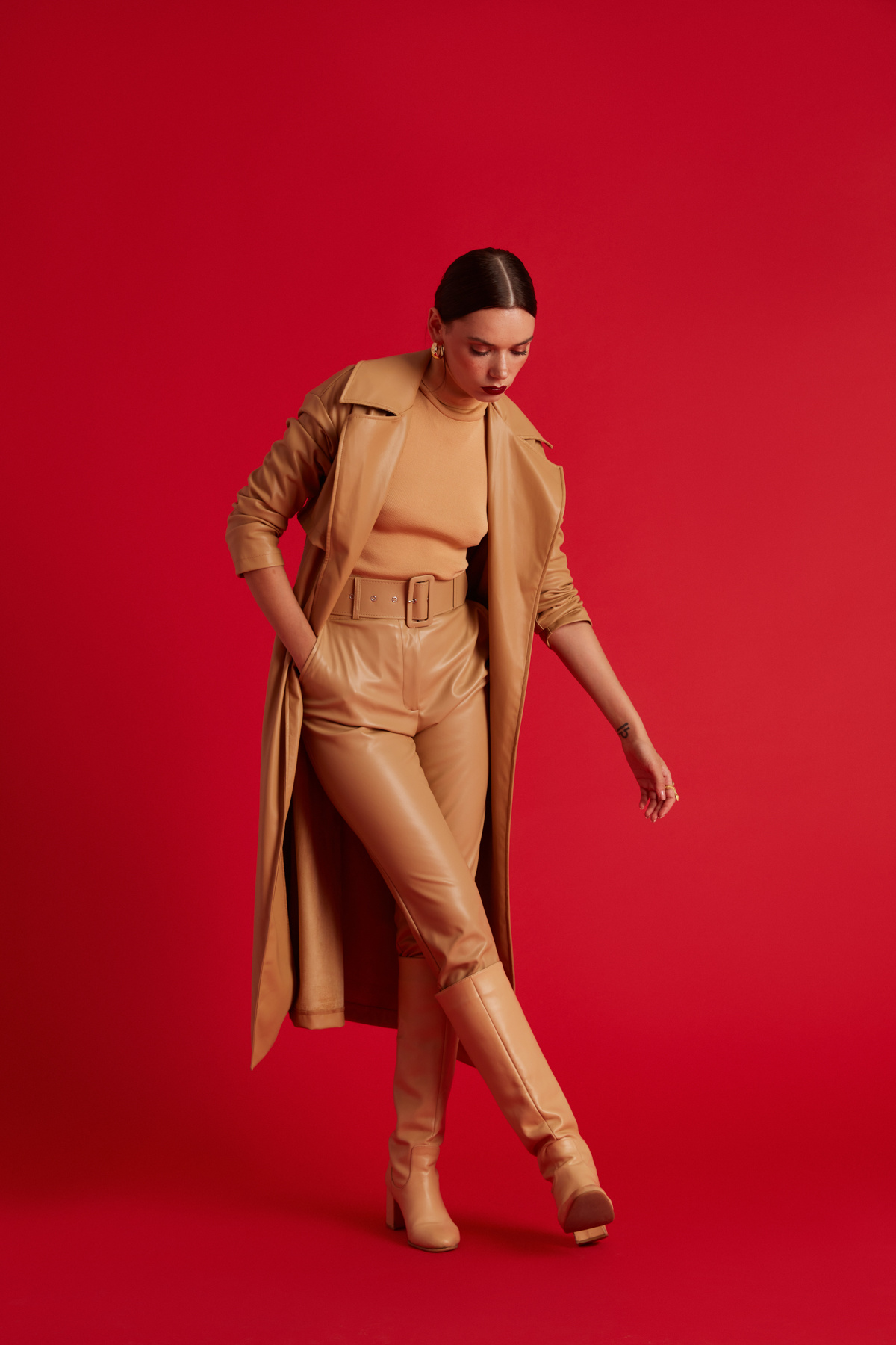 Kemerli deri pantolon - BEJ