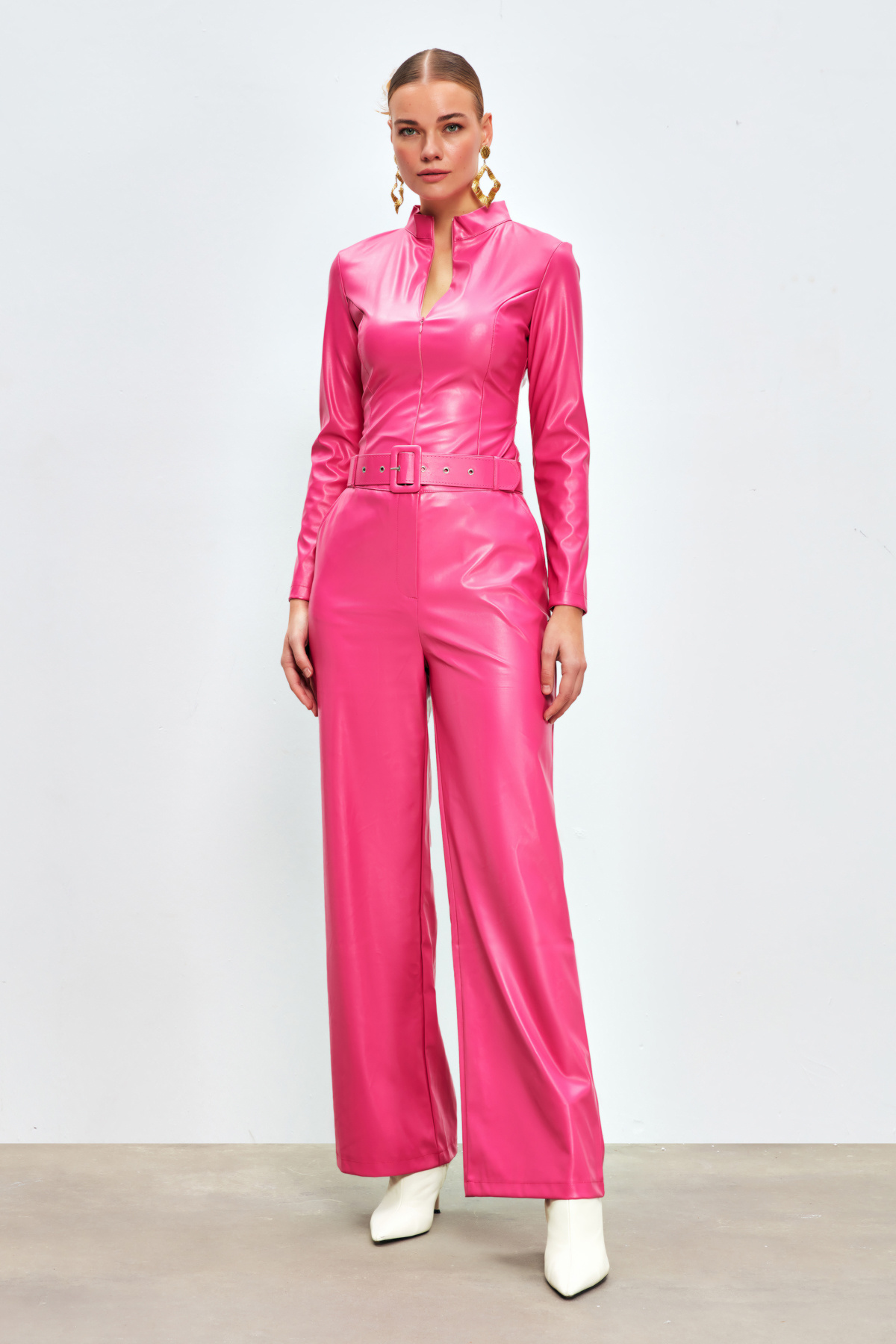 Kemerli Deri Pantolon - FUŞYA