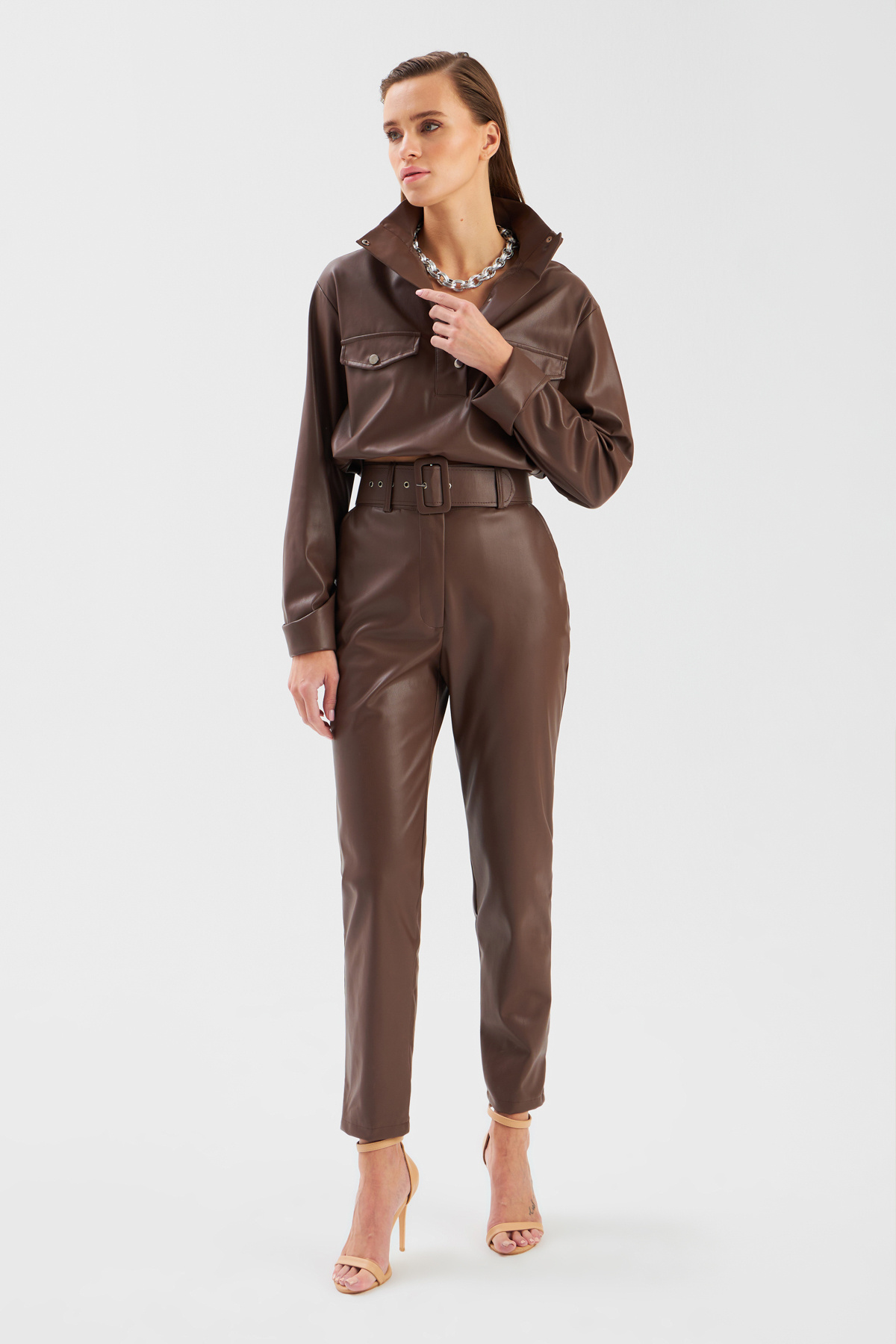 Belted leather pants - DARK COFFEE