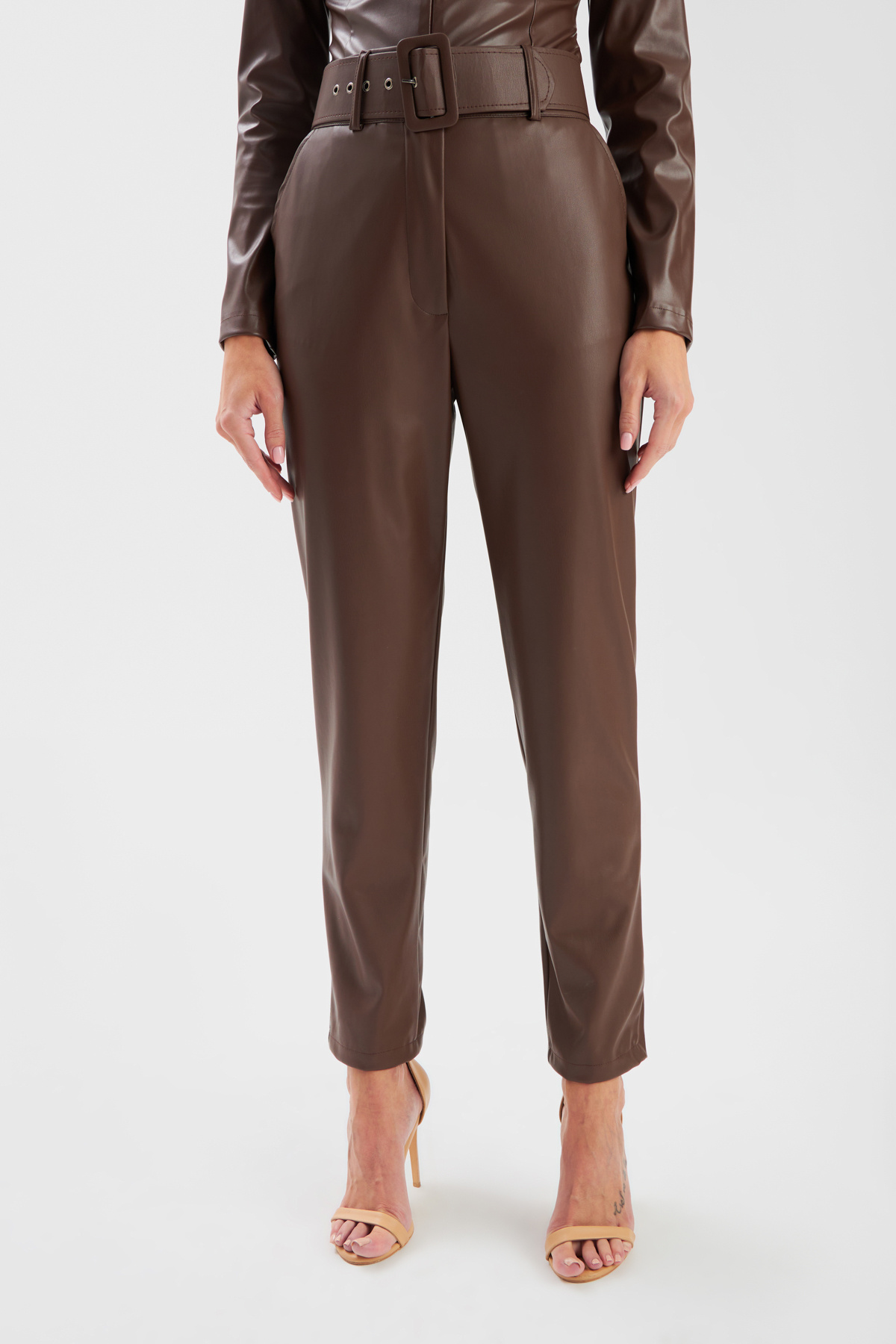 Belted leather pants - DARK COFFEE