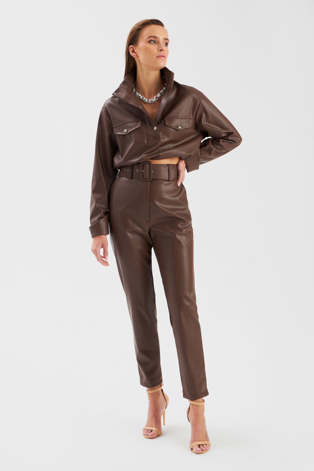 Belted leather pants - DARK COFFEE
