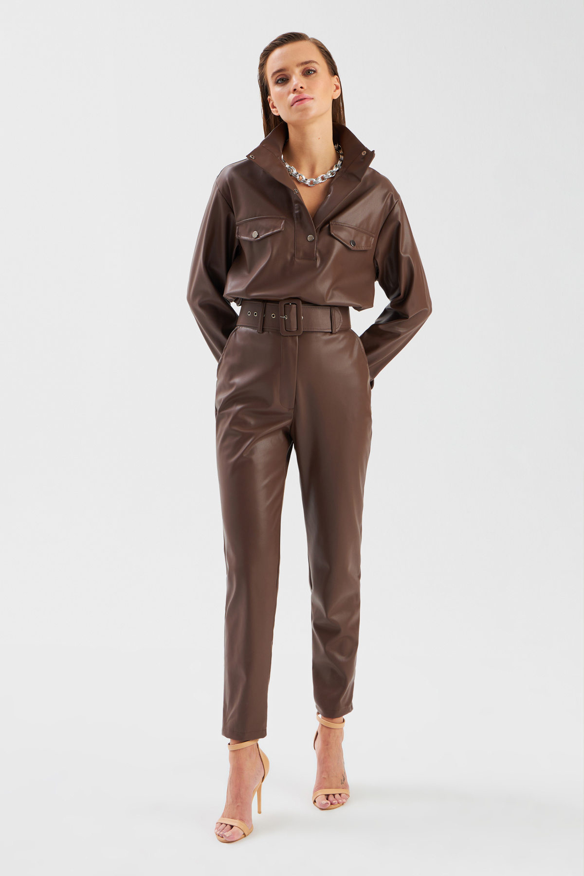 Belted leather pants - DARK COFFEE