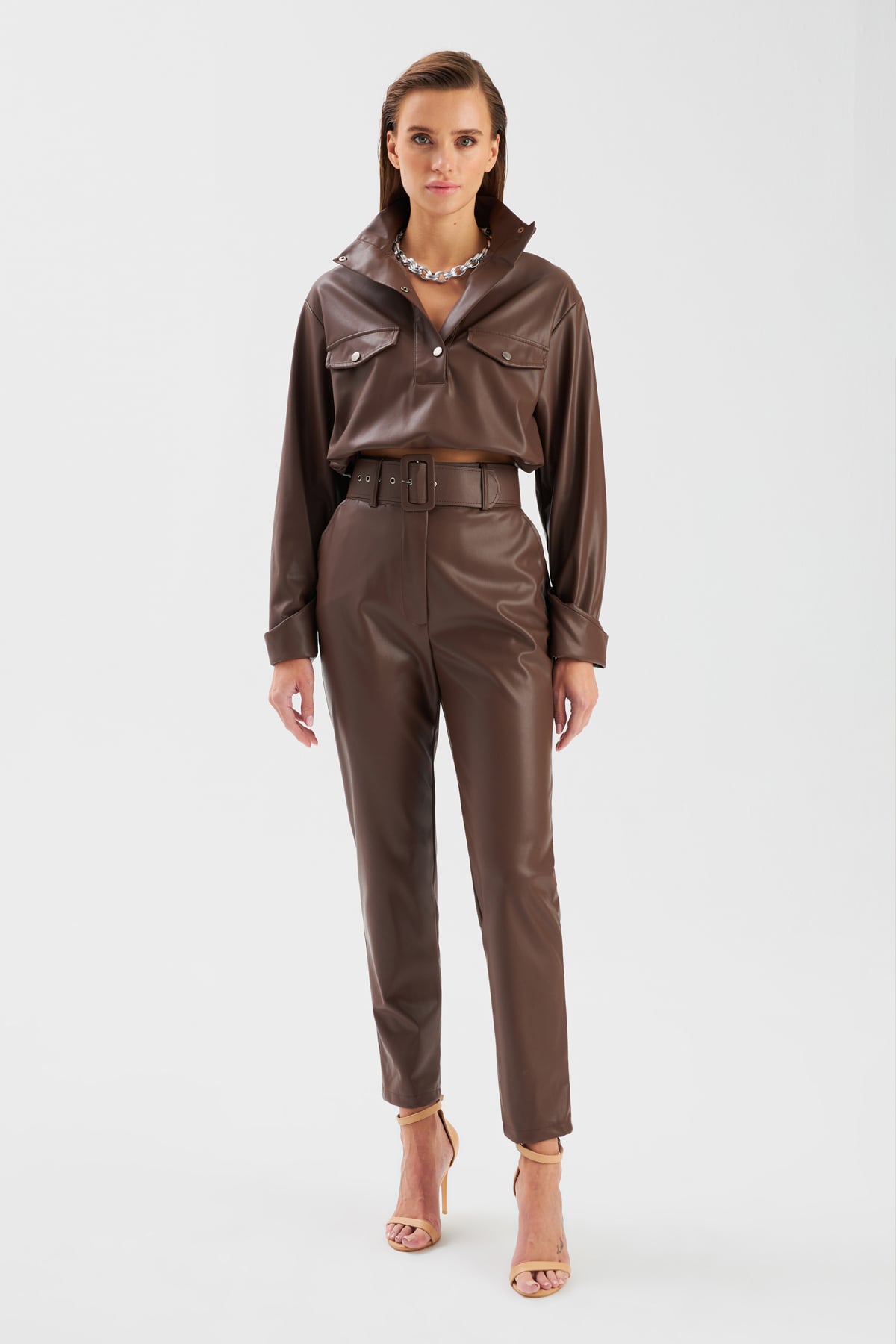 Belted leather pants - DARK COFFEE