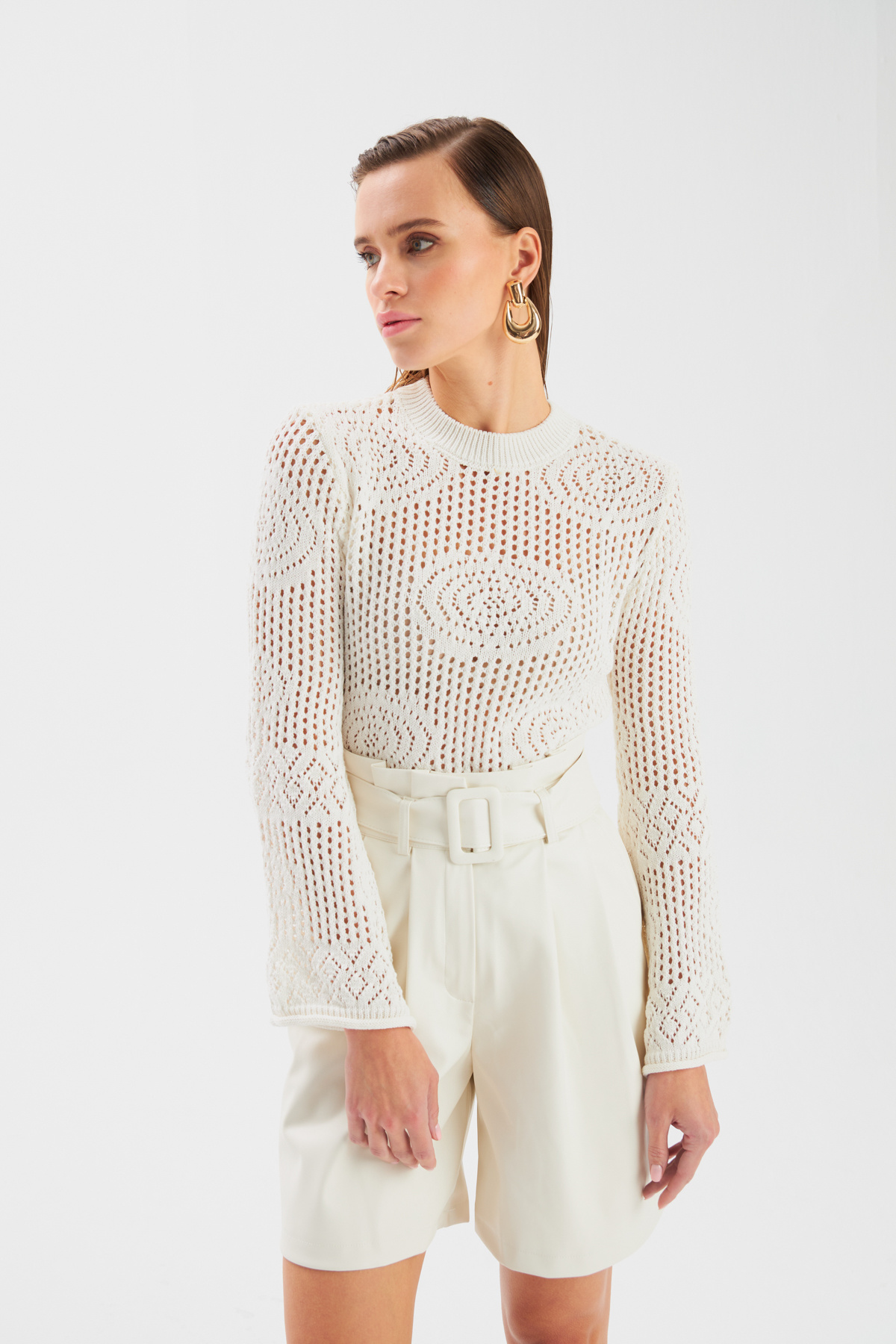 Kemerli Deri Şort - EKRU