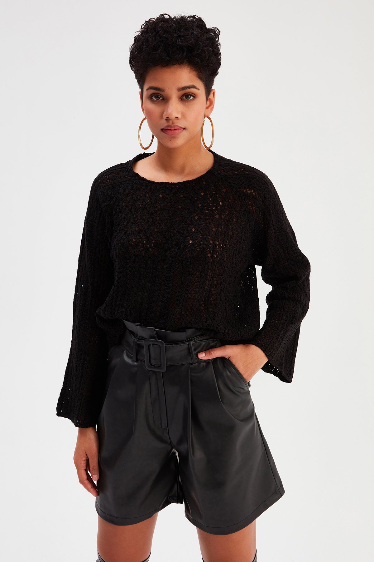Kemerli Deri Şort - SİYAH