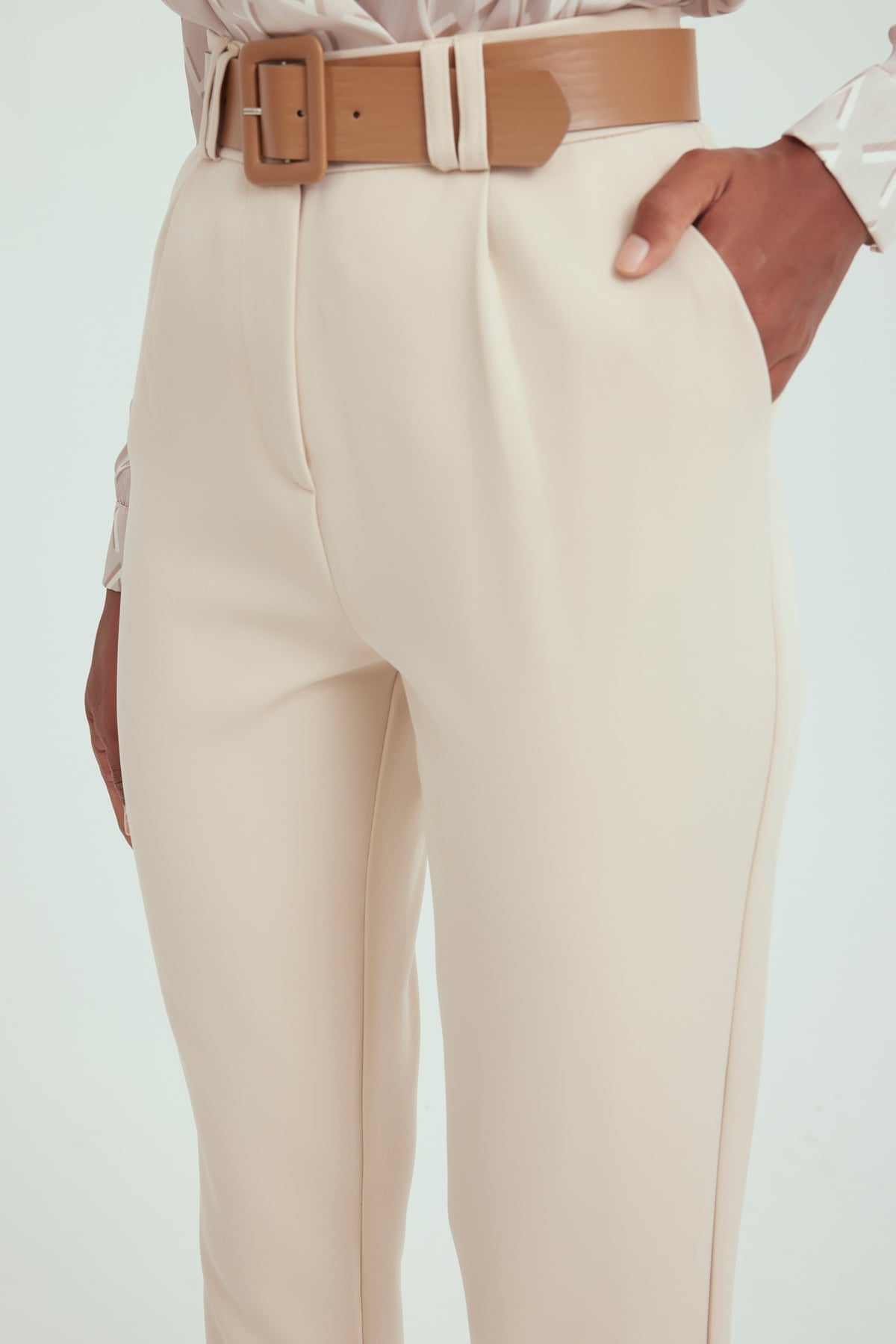 Kemerli duble paça pantolon - BEJ