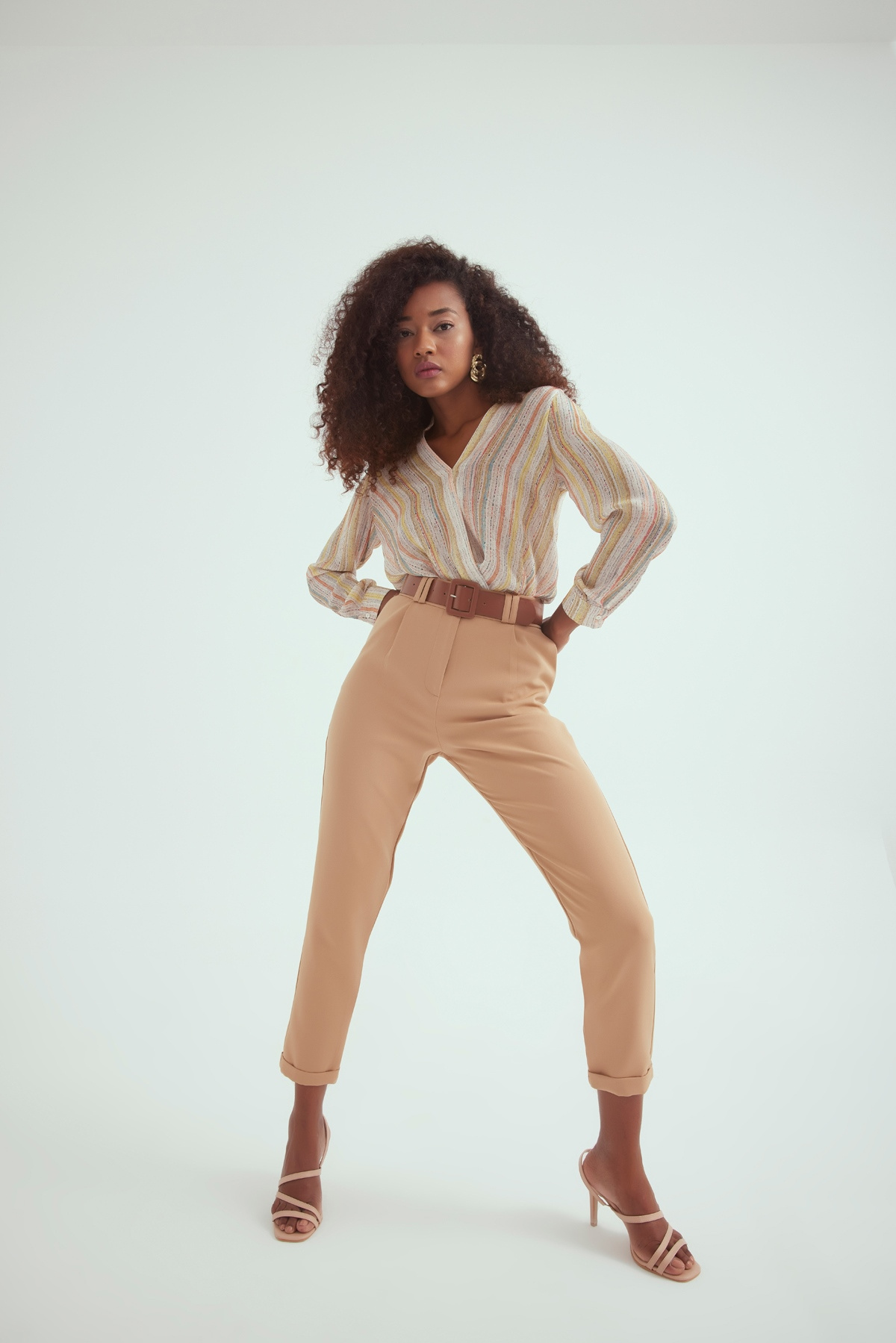 Kemerli duble paça pantolon - CAMEL