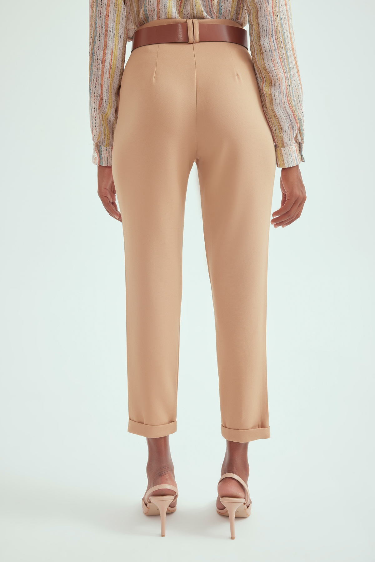 Kemerli duble paça pantolon - CAMEL