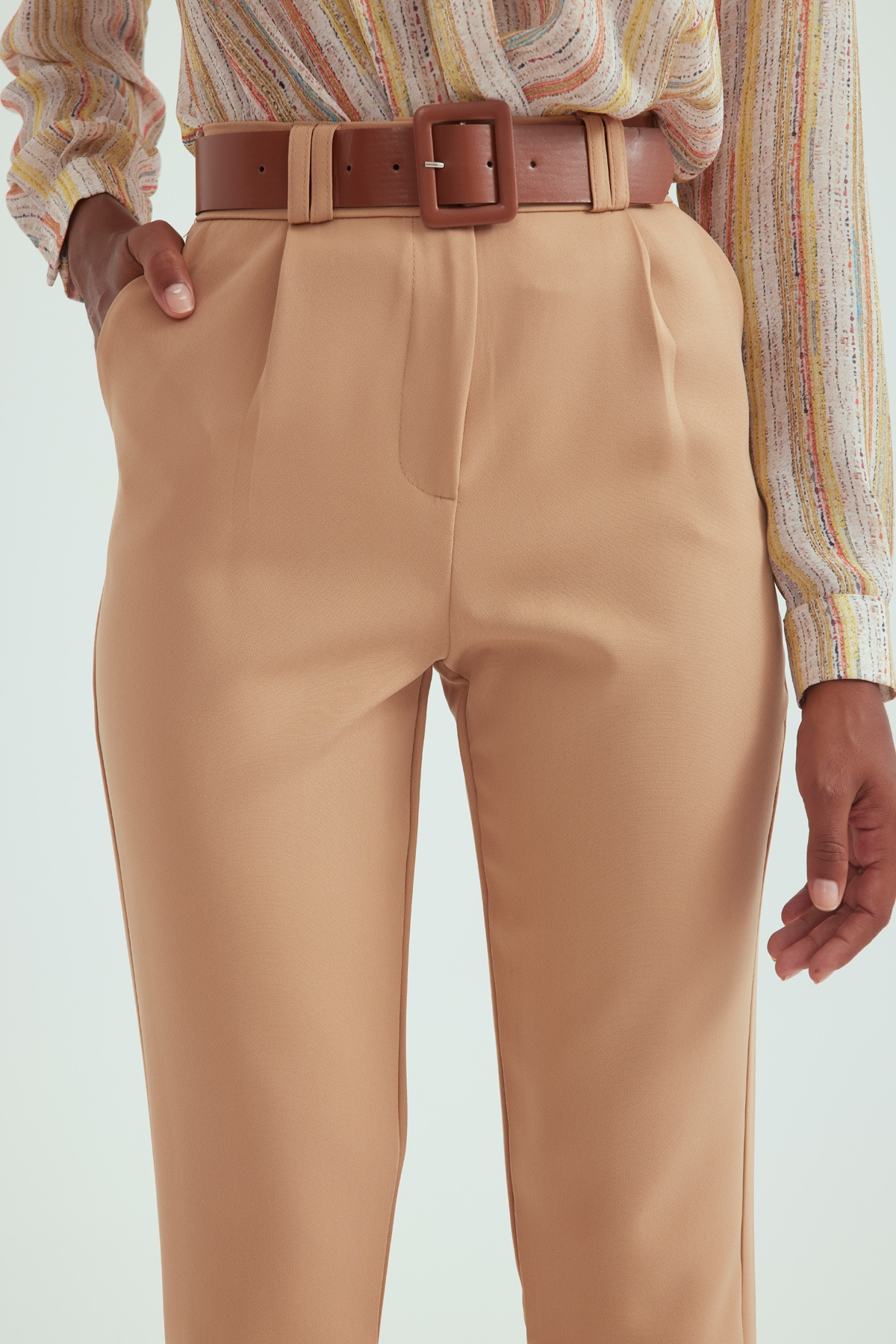 Kemerli duble paça pantolon - CAMEL