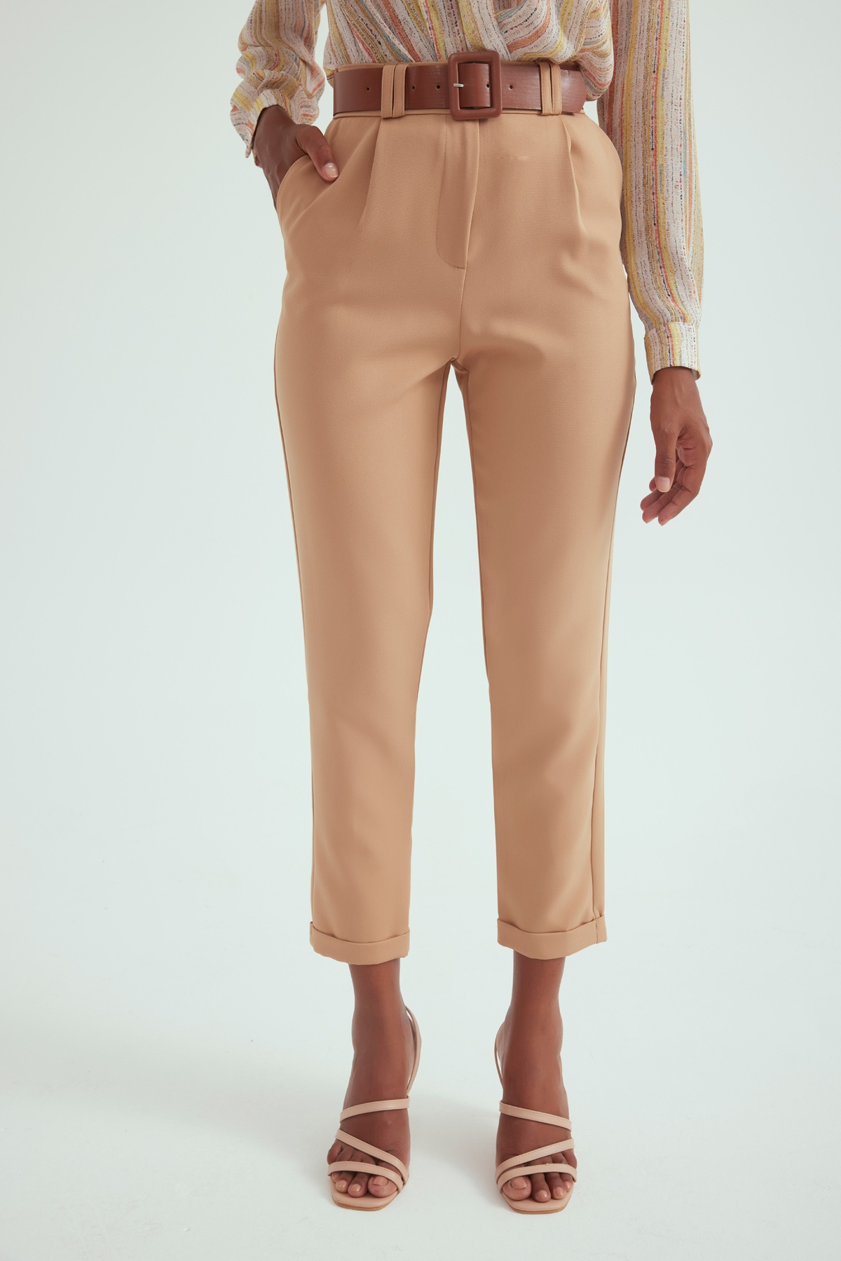 Kemerli duble paça pantolon - CAMEL