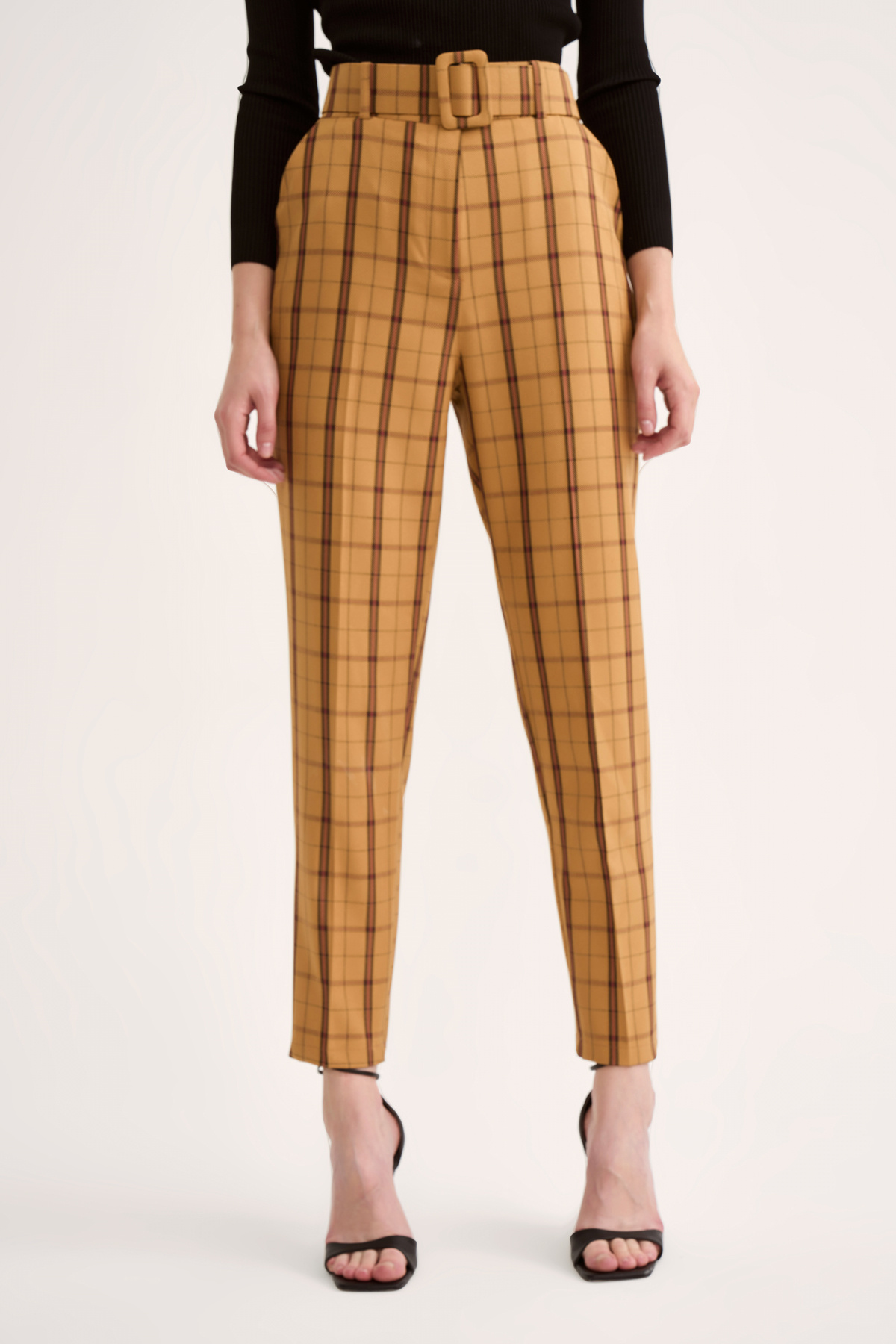 Kemerli ekose pantolon - CAMEL