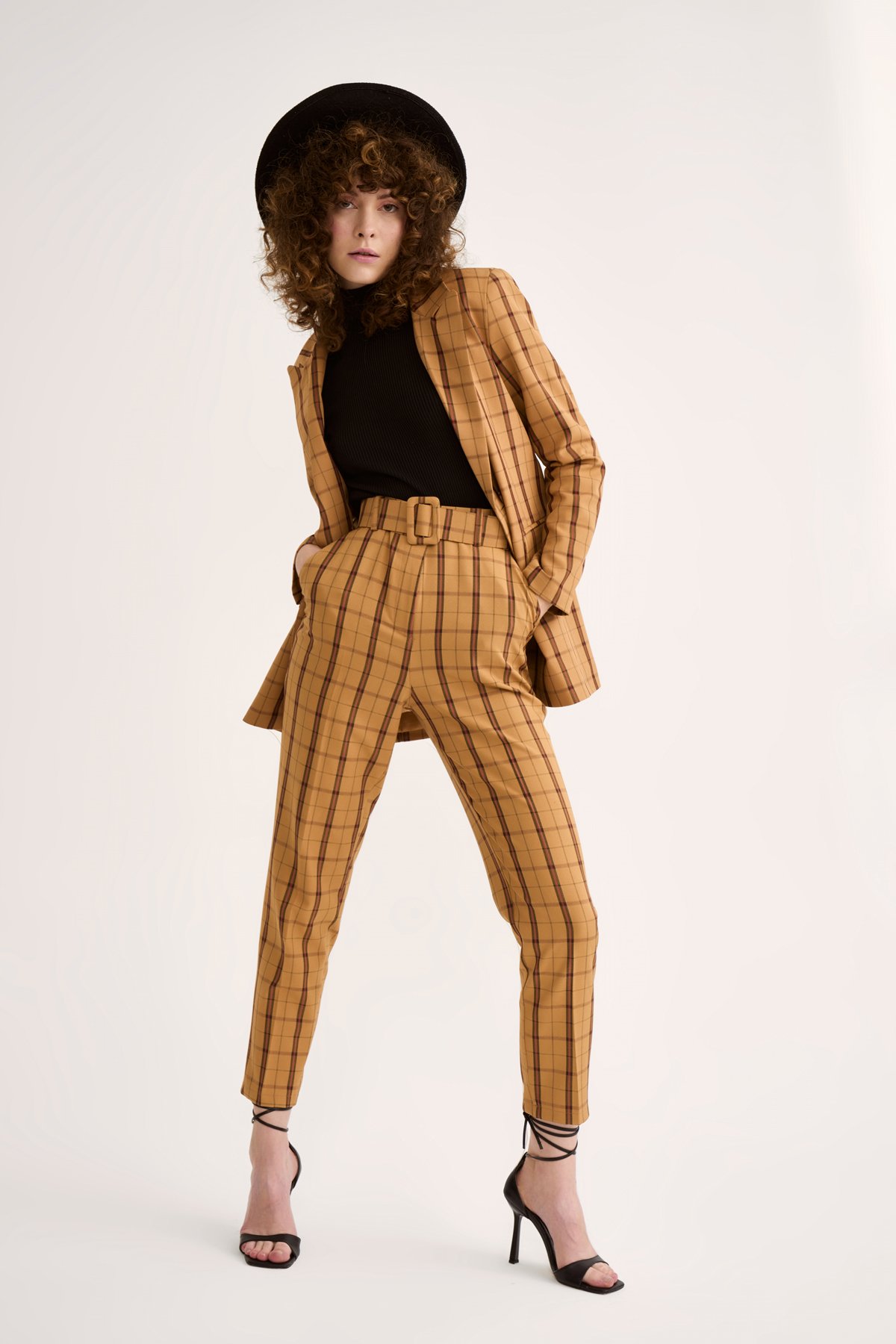 Kemerli ekose pantolon - CAMEL