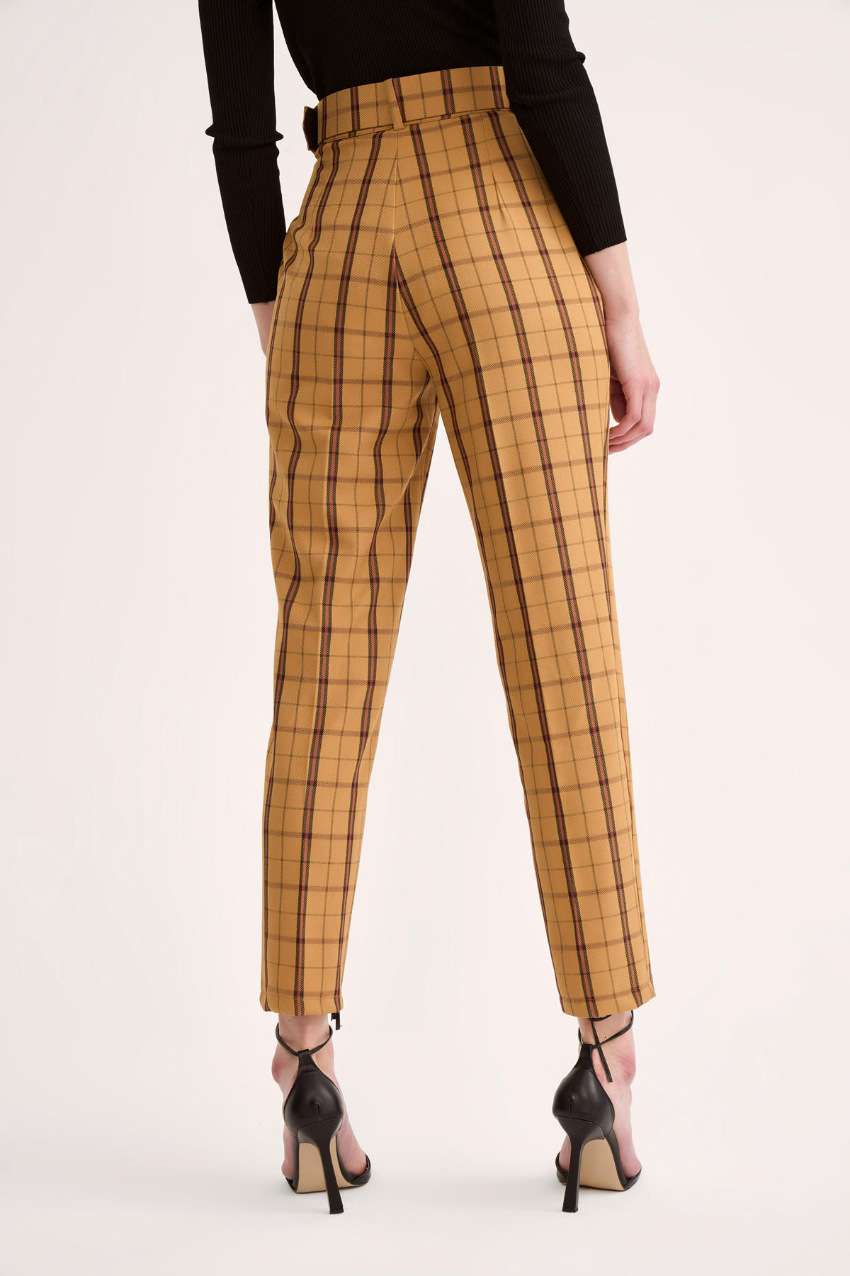 Kemerli ekose pantolon - CAMEL