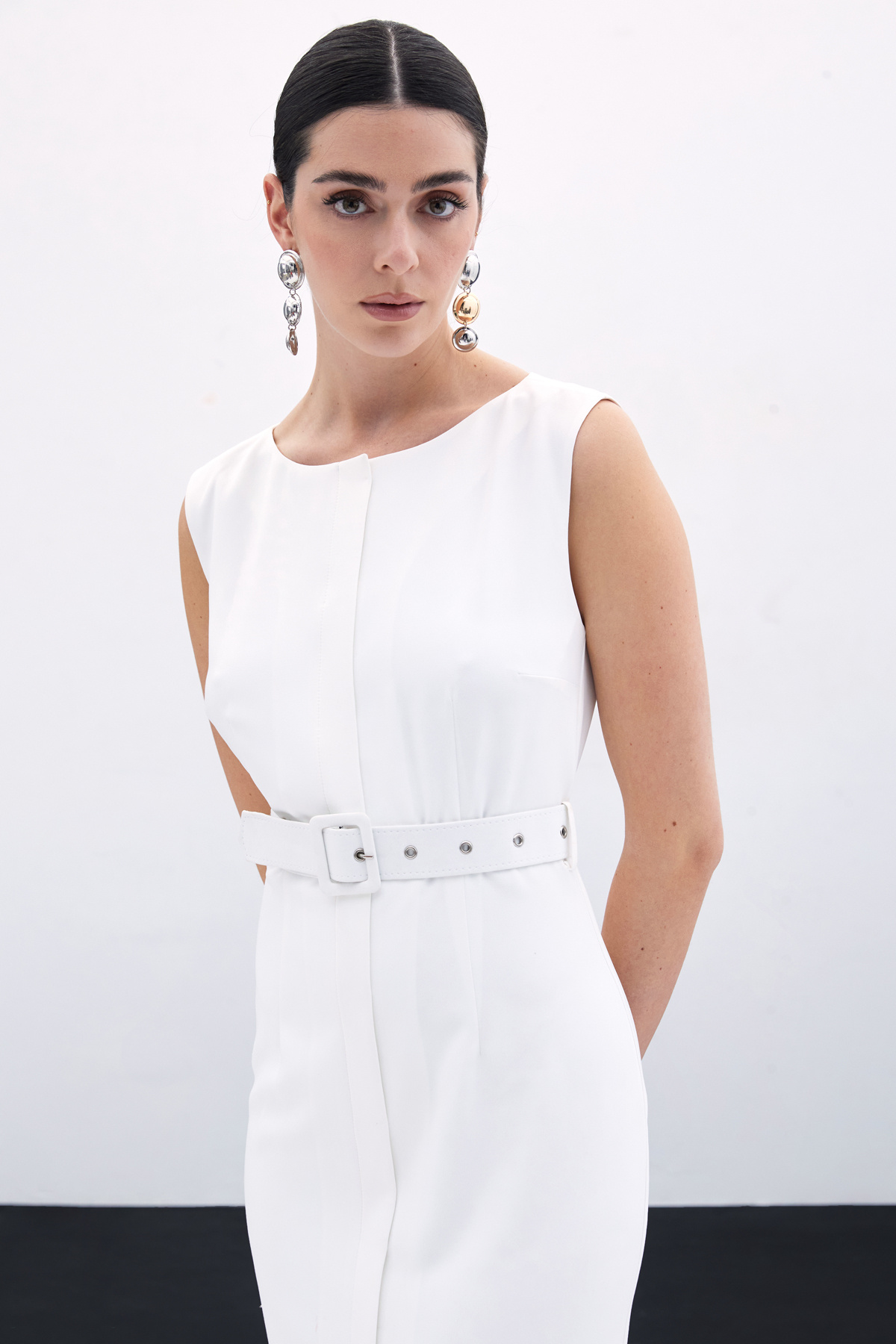 Kemerli Kalem Elbise - Ekru