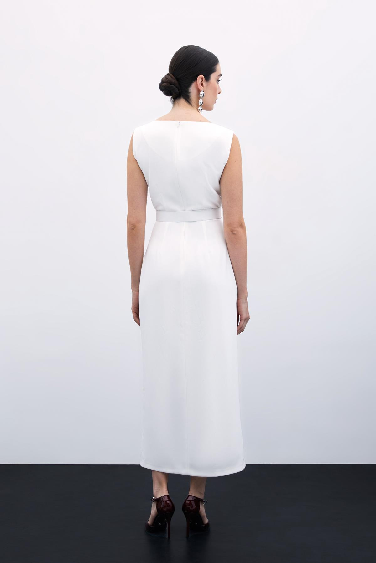 Kemerli Kalem Elbise - Ekru