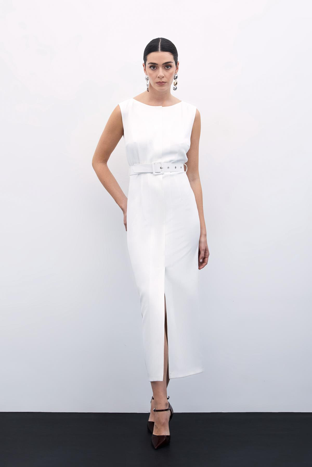 Kemerli Kalem Elbise - Ekru