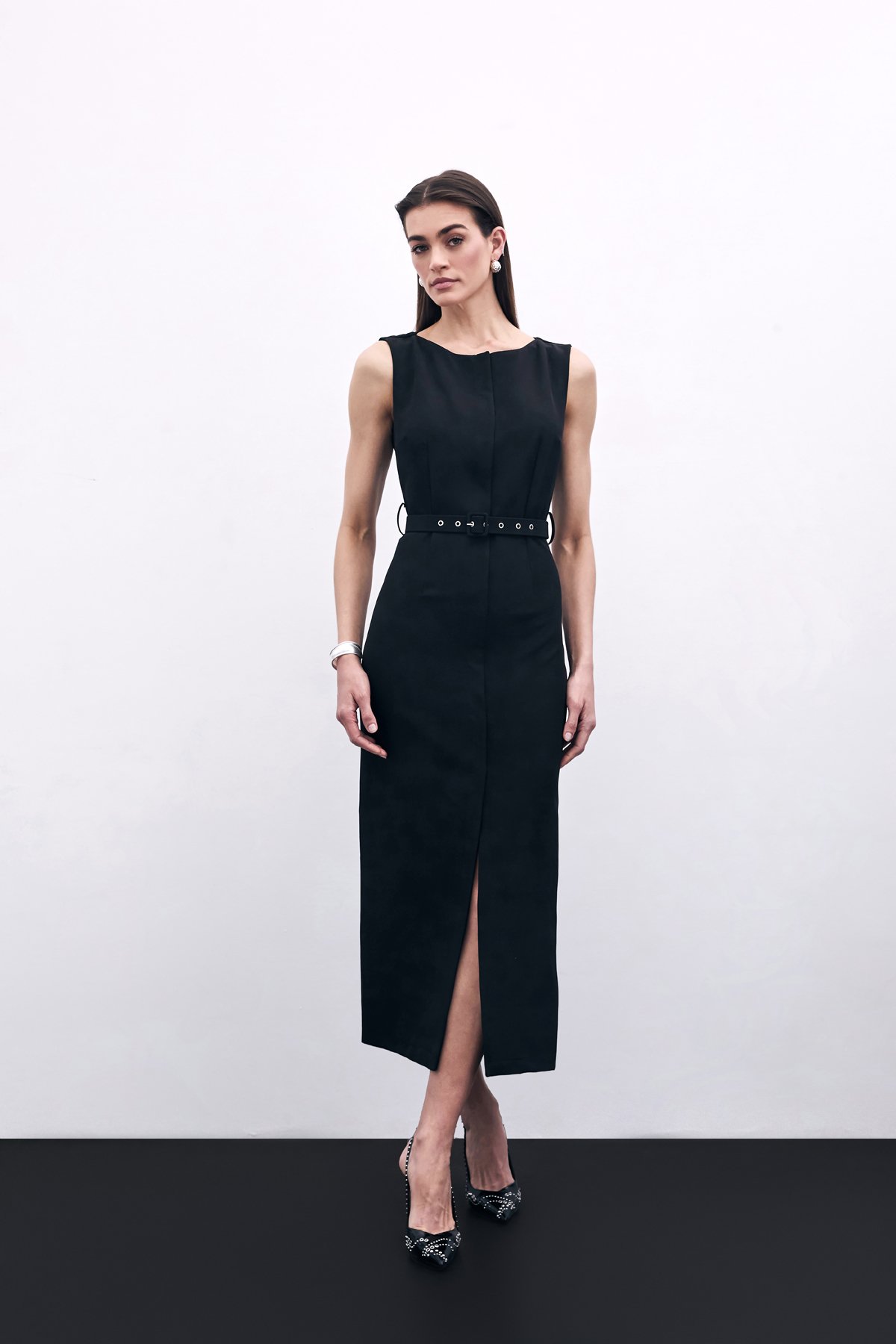 Kemerli Kalem Elbise - Siyah