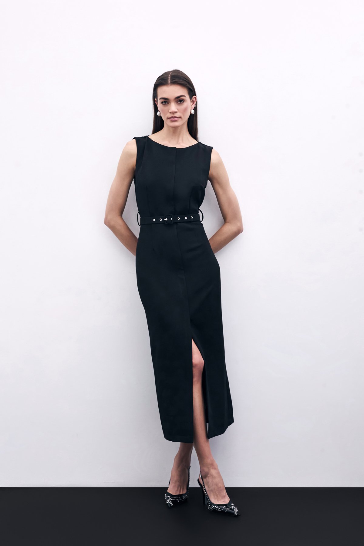 Kemerli Kalem Elbise - Siyah