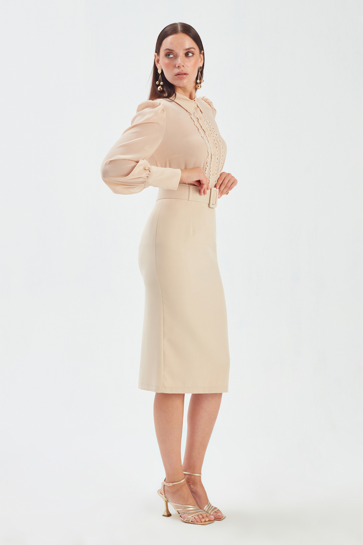 Belted pencil skirt - BEIGE