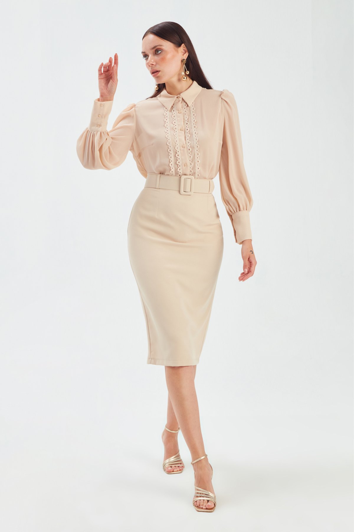 Belted pencil skirt - BEIGE
