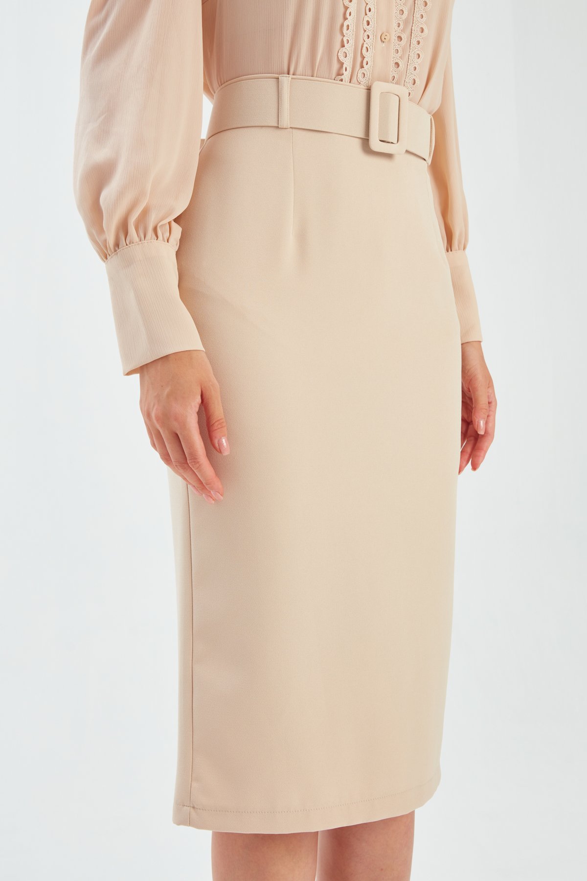 Belted pencil skirt - BEIGE