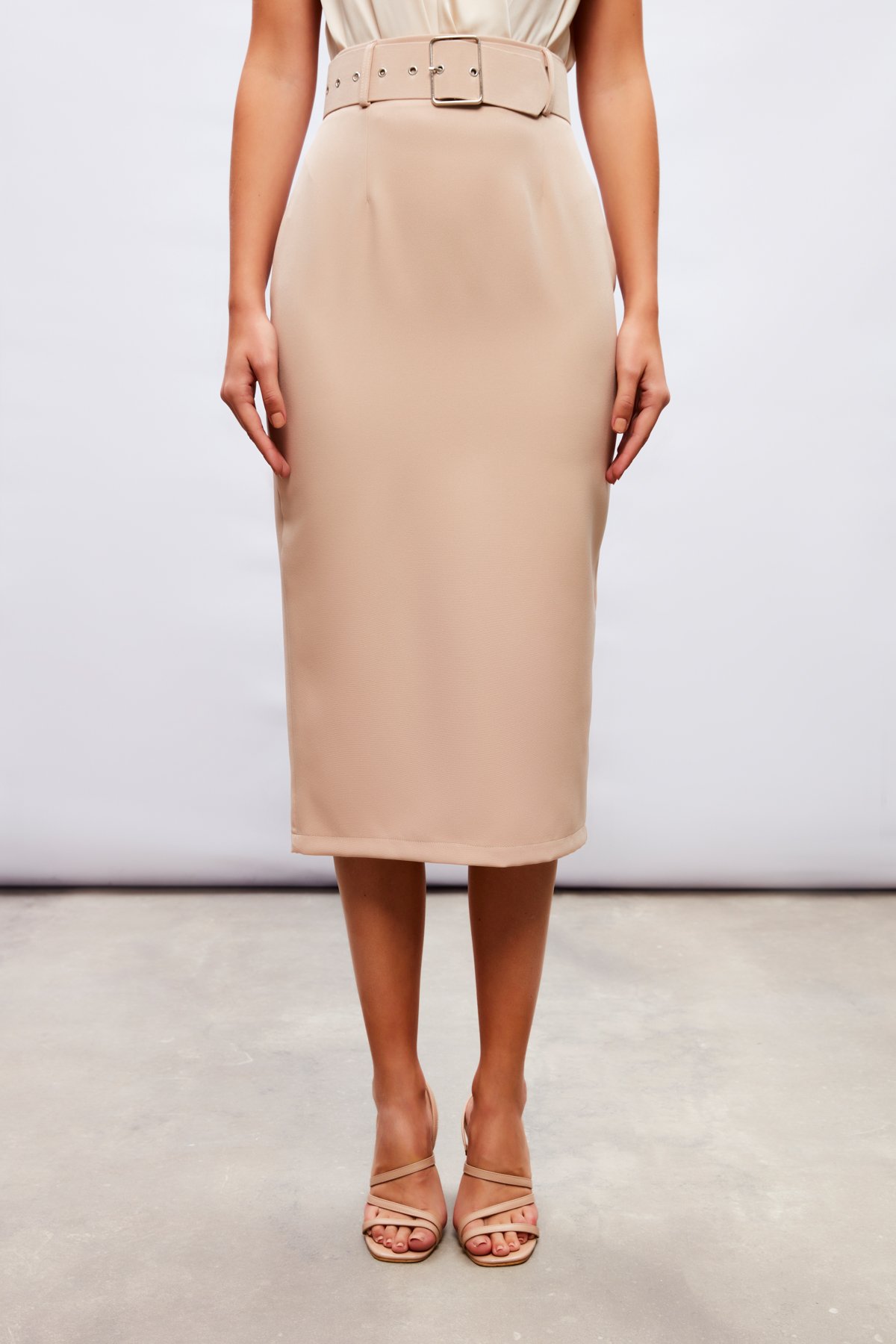 Belted Pencil Skirt - BEIGE