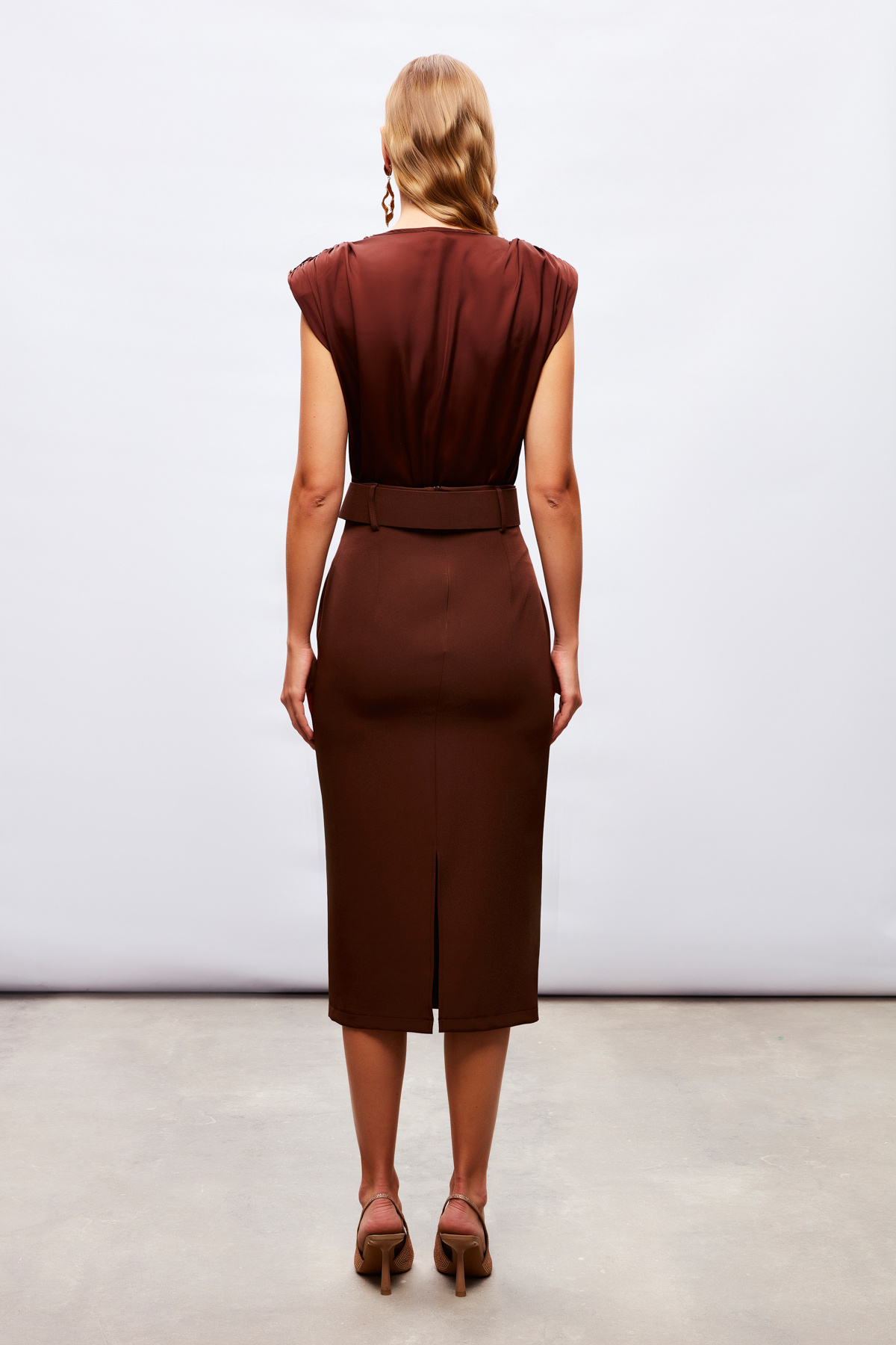 Belted Pencil Skirt - BROWN