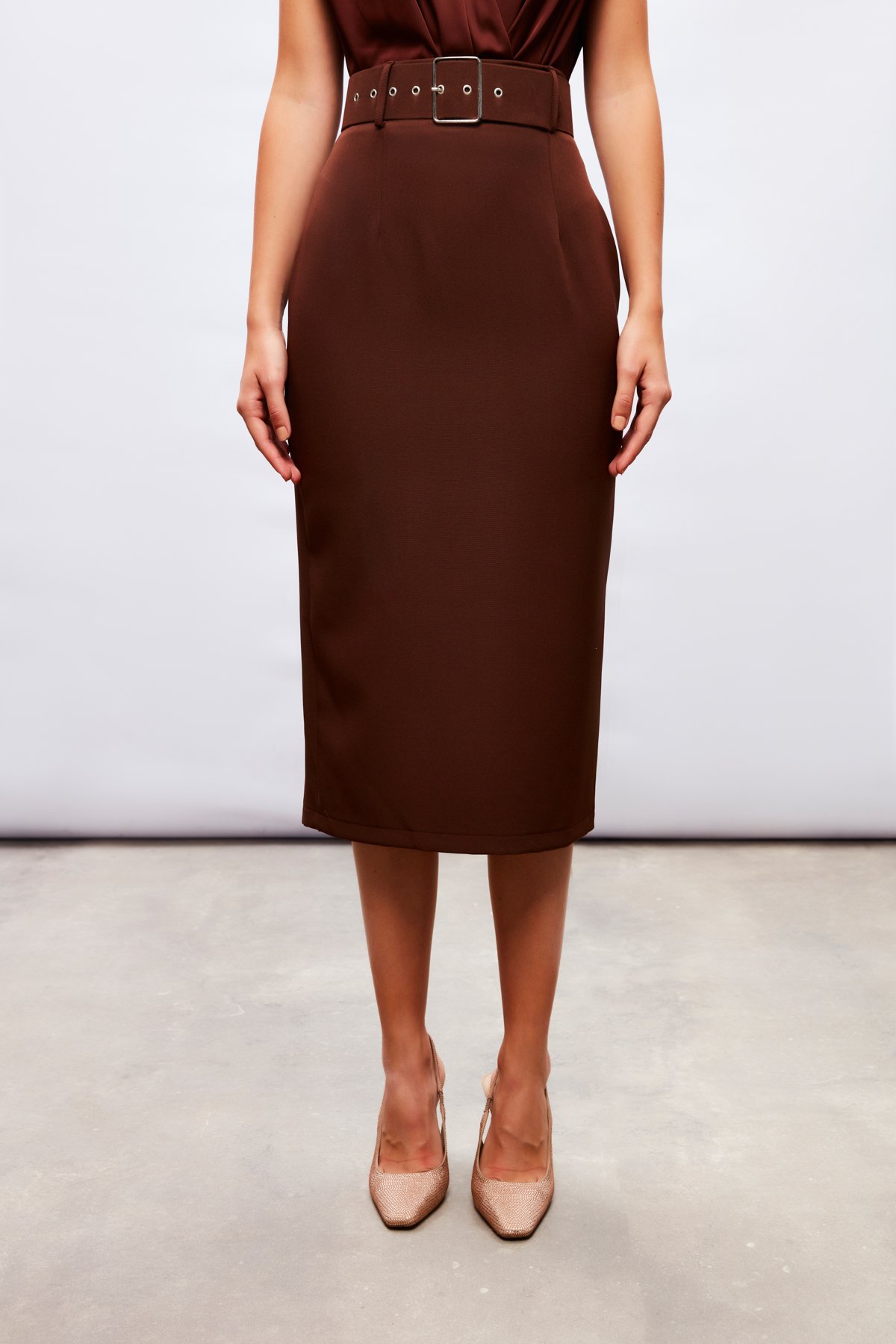 Belted Pencil Skirt - BROWN