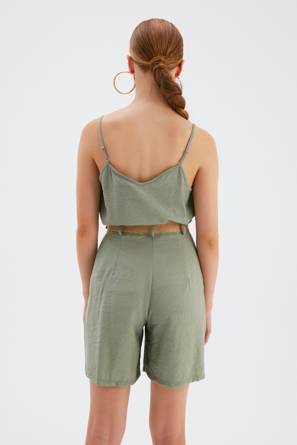 Kemerli Keten Şort - YEŞİL