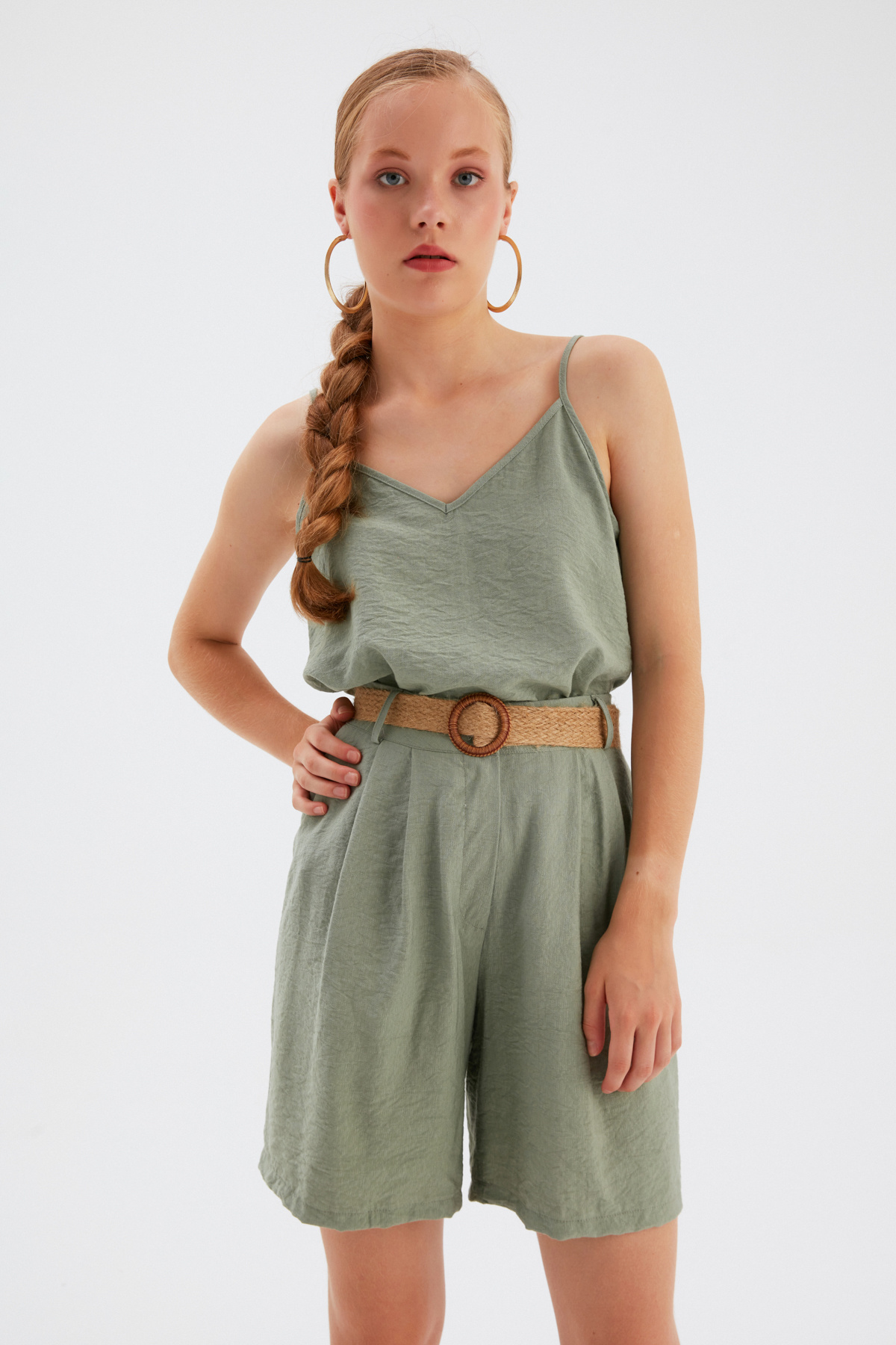 Kemerli Keten Şort - YEŞİL