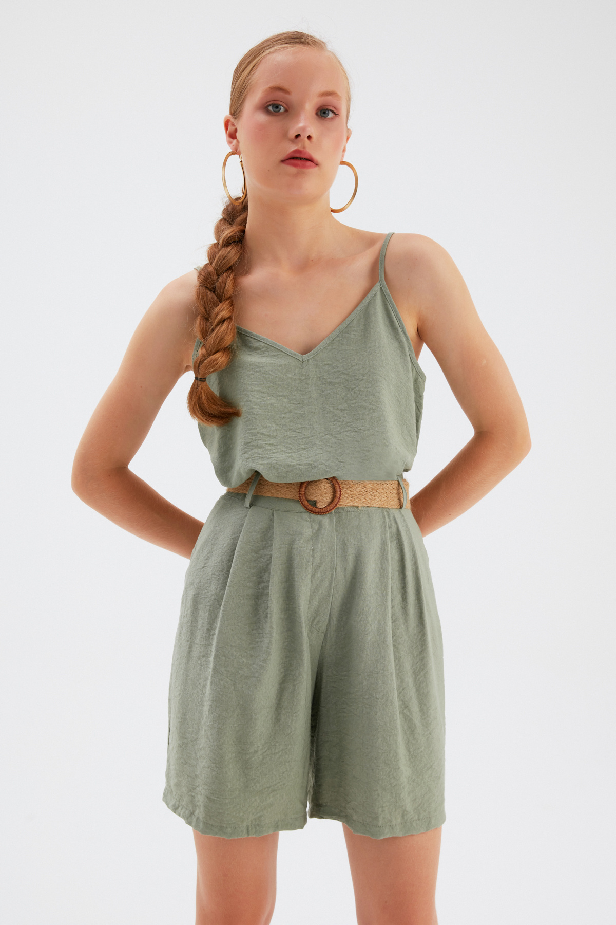 Kemerli Keten Şort - YEŞİL