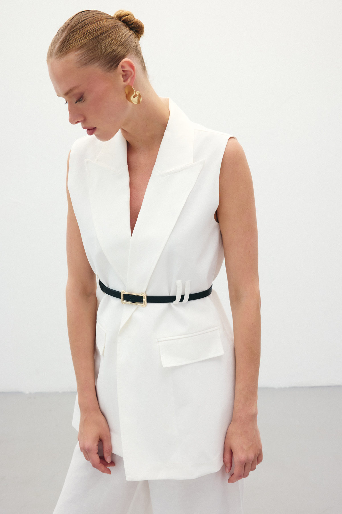 Kemerli Keten Yelek - Ekru