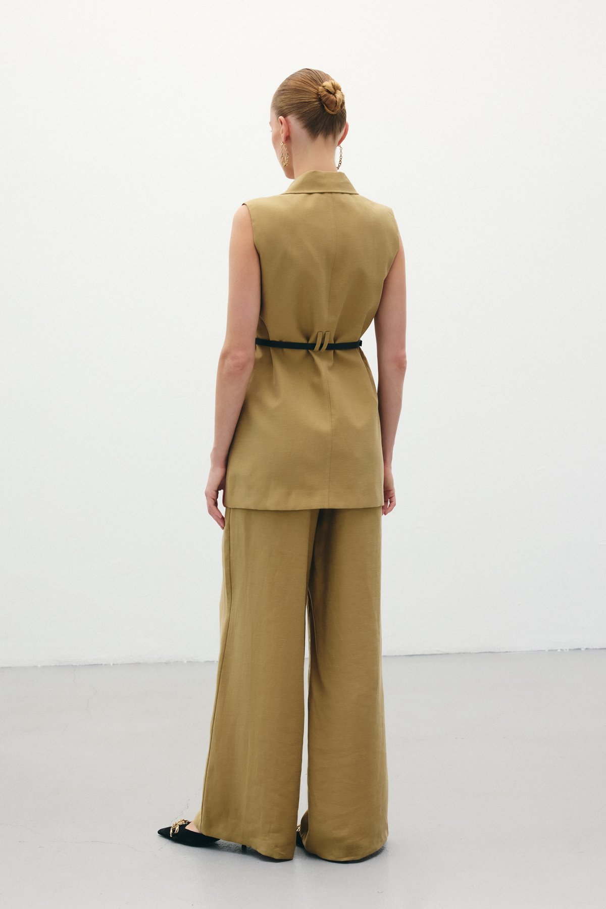 Kemerli Keten Yelek - Haki