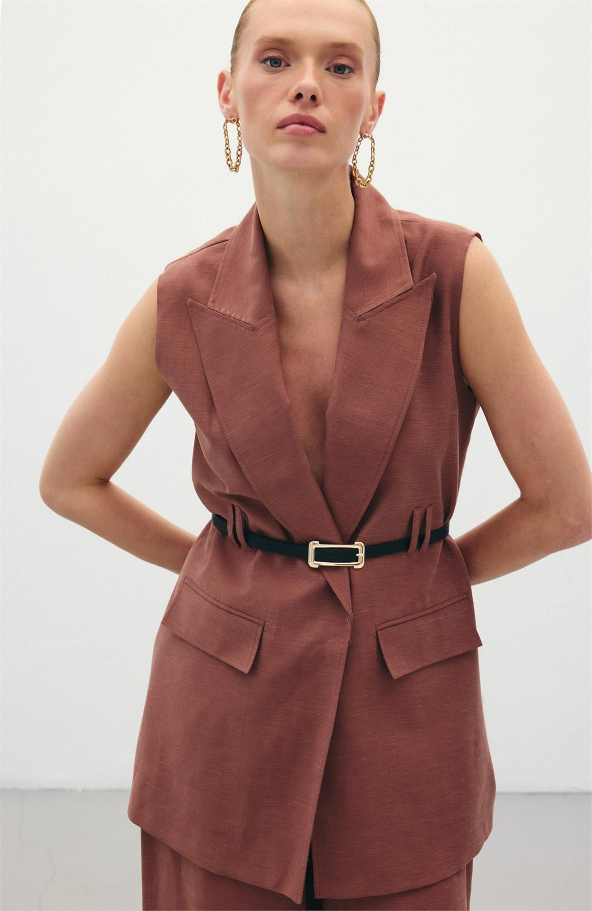 Kemerli Keten Yelek - Kahve